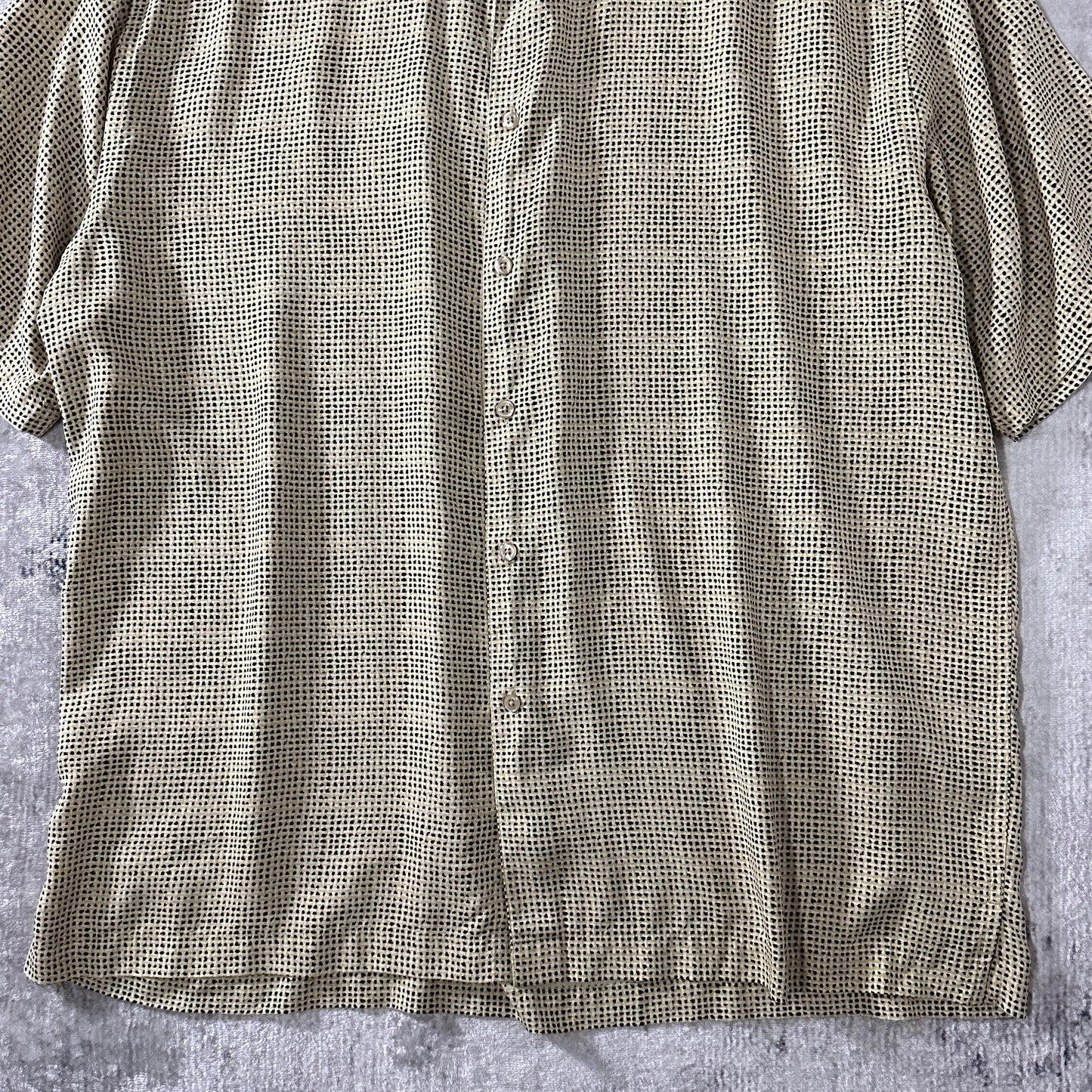 Perry Ellis 100% Silk Dot Pattern Short Sleeve Shirt Beige Black Size XL