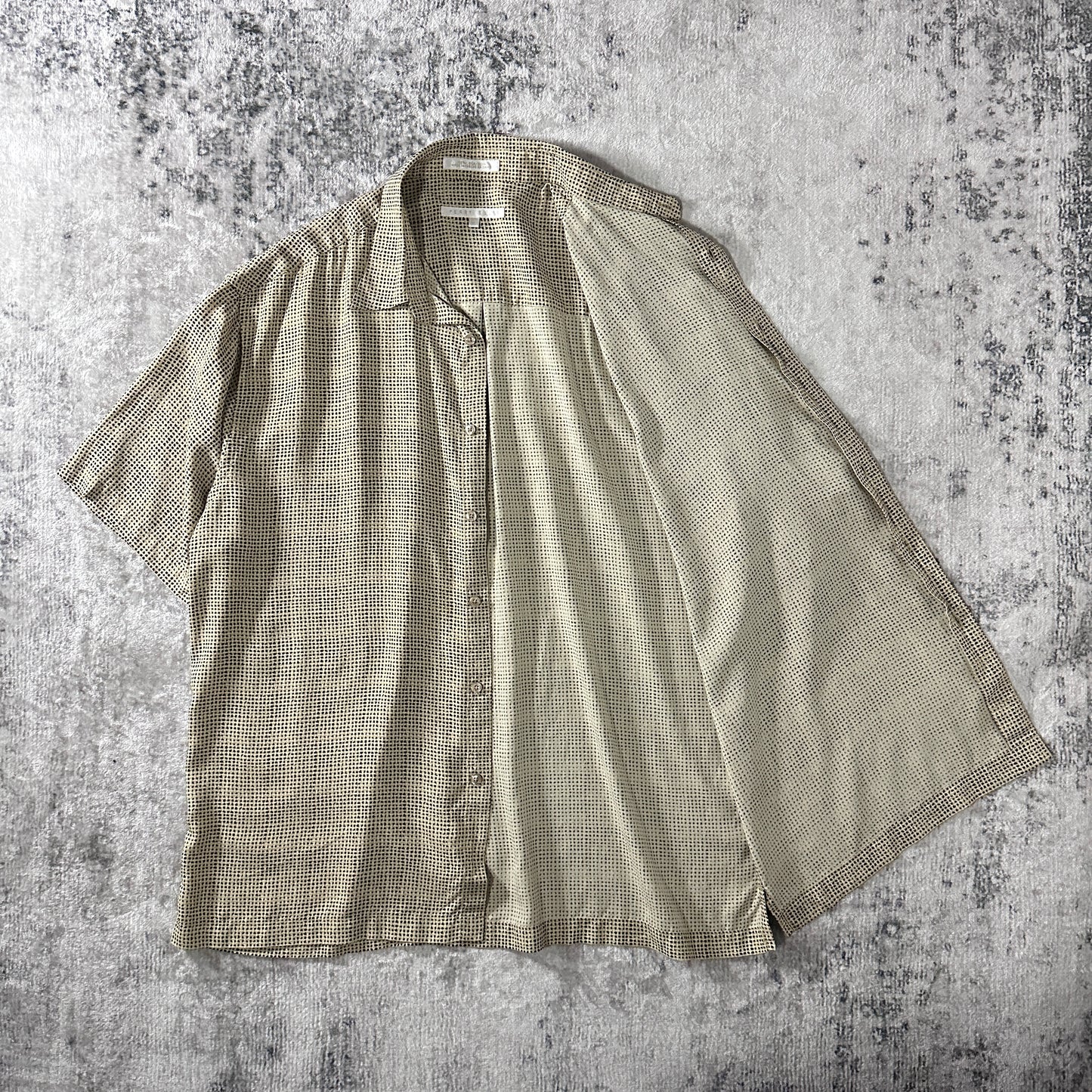 Perry Ellis 100% Silk Dot Pattern Short Sleeve Shirt Beige Black Size XL