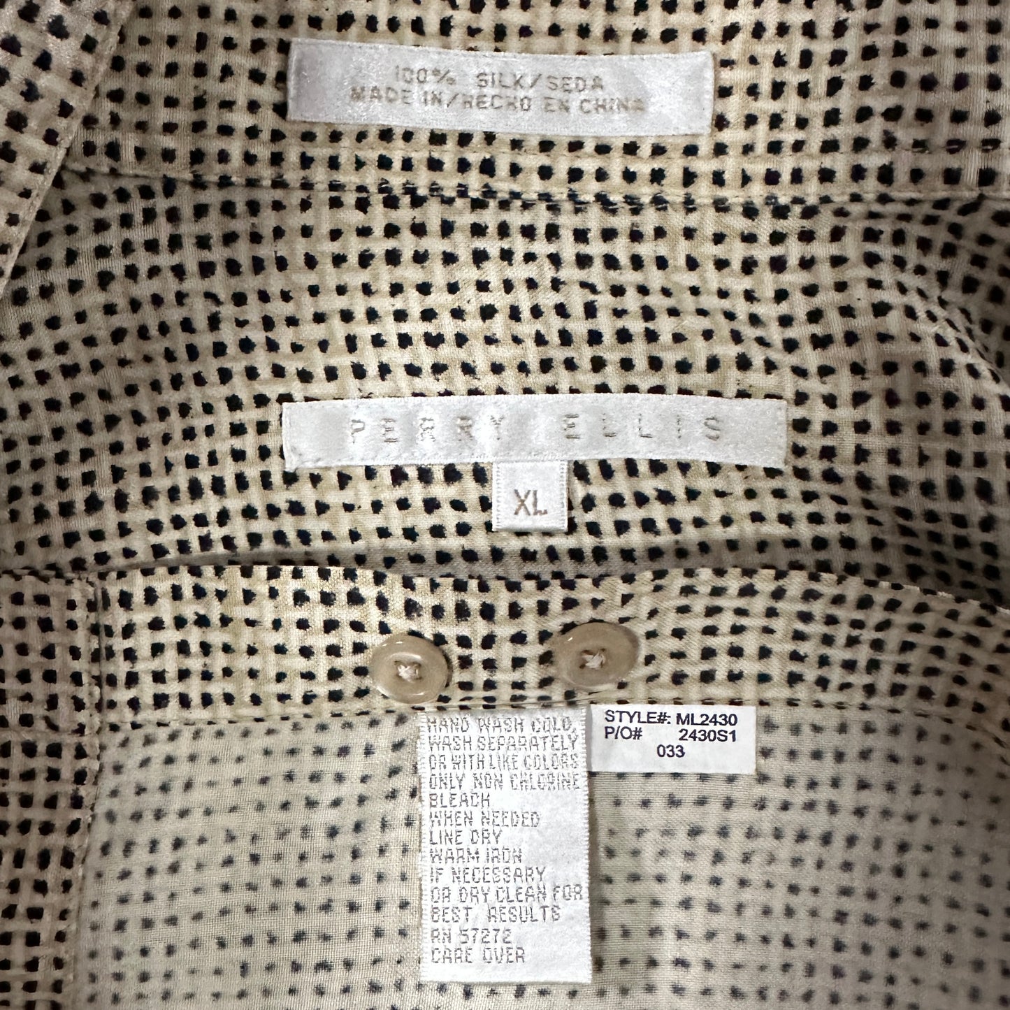Perry Ellis 100% Silk Dot Pattern Short Sleeve Shirt Beige Black Size XL