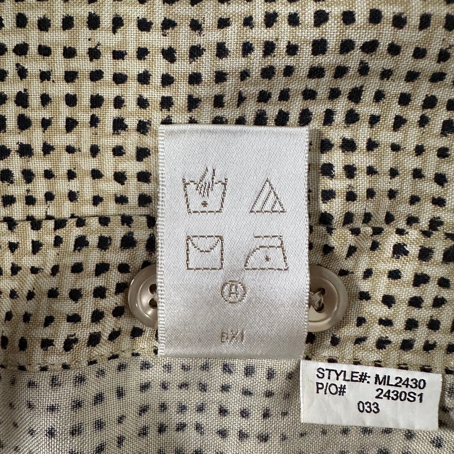 Perry Ellis 100% Silk Dot Pattern Short Sleeve Shirt Beige Black Size XL
