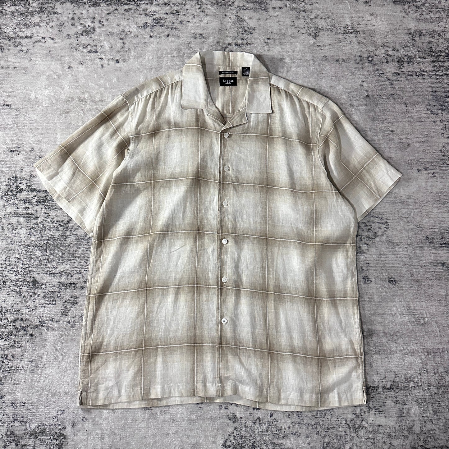 Linen Rayon Check Open Collar Shirt XL Beige