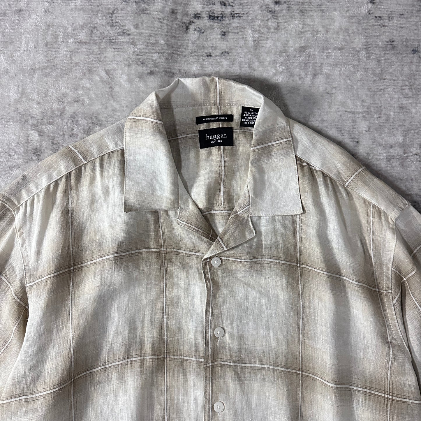 Linen Rayon Check Open Collar Shirt XL Beige