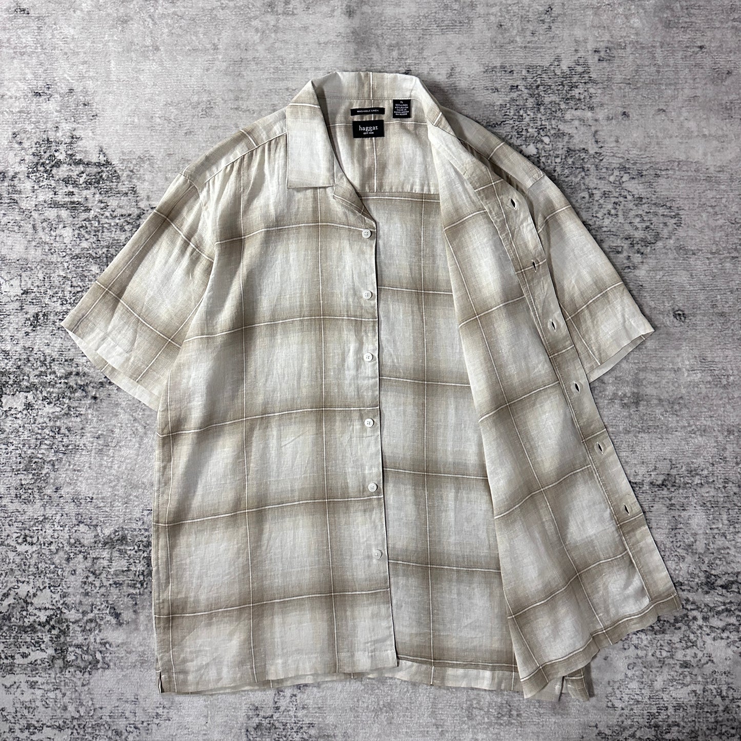 Linen Rayon Check Open Collar Shirt XL Beige
