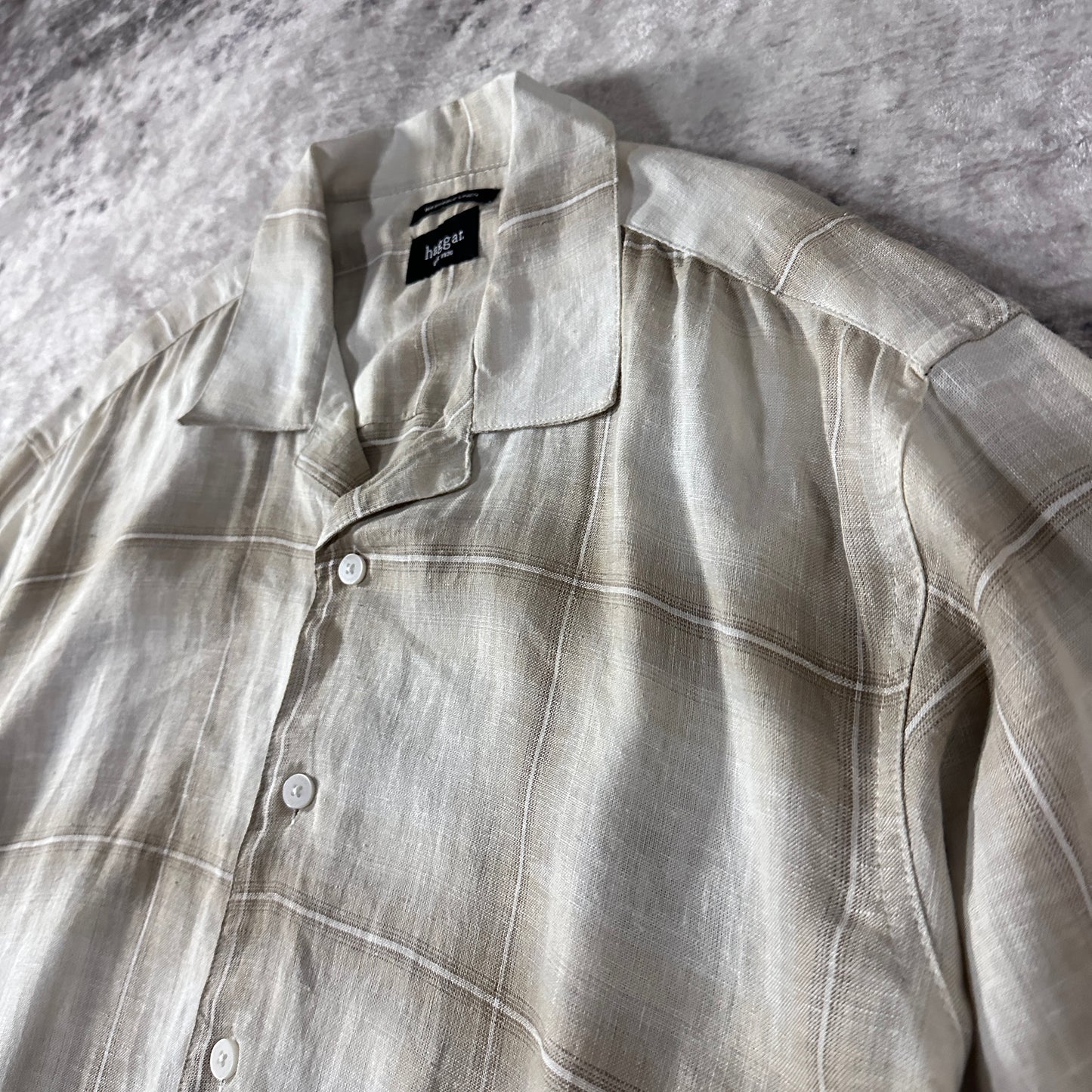 Linen Rayon Check Open Collar Shirt XL Beige