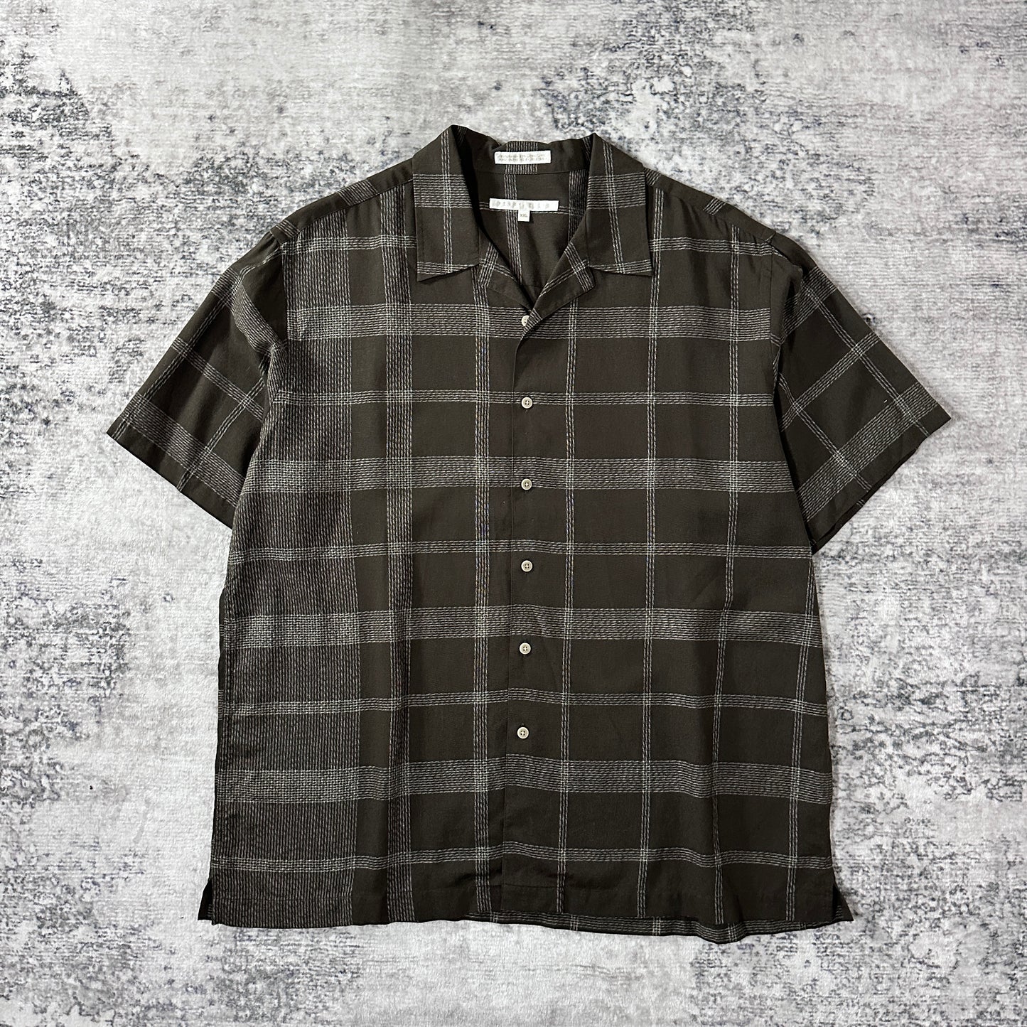 Perry Ellis Linen Rayon Check Open Collar Shirt XXL Brown Black