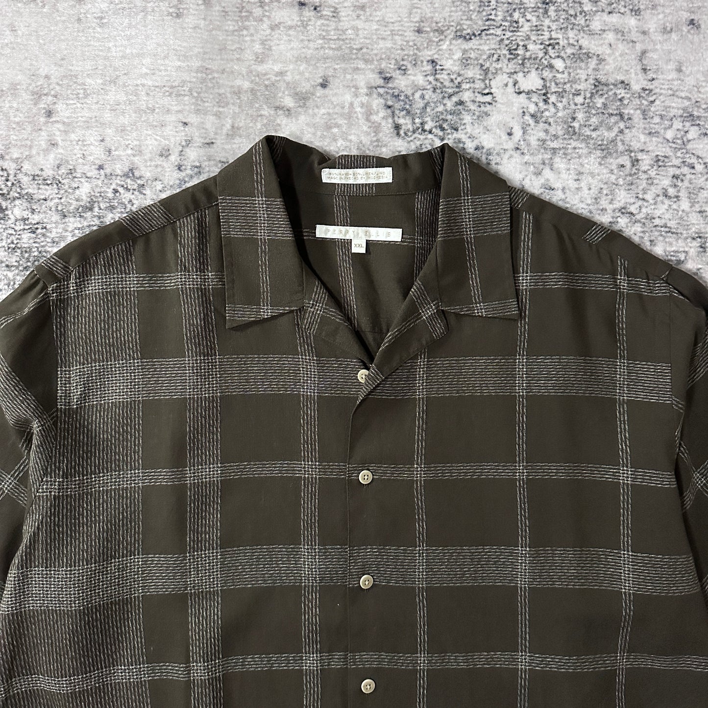 Perry Ellis Linen Rayon Check Open Collar Shirt XXL Brown Black