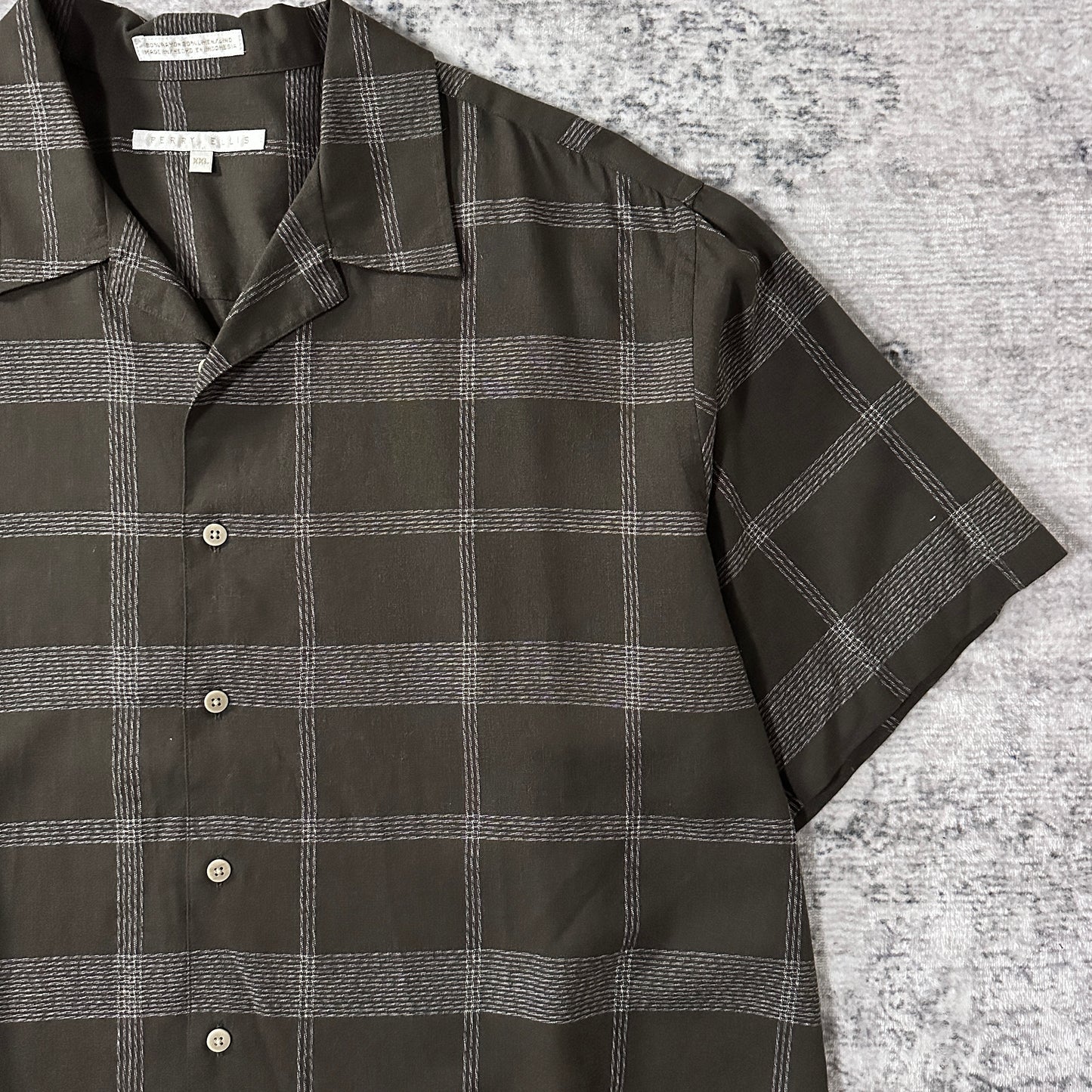 Perry Ellis Linen Rayon Check Open Collar Shirt XXL Brown Black