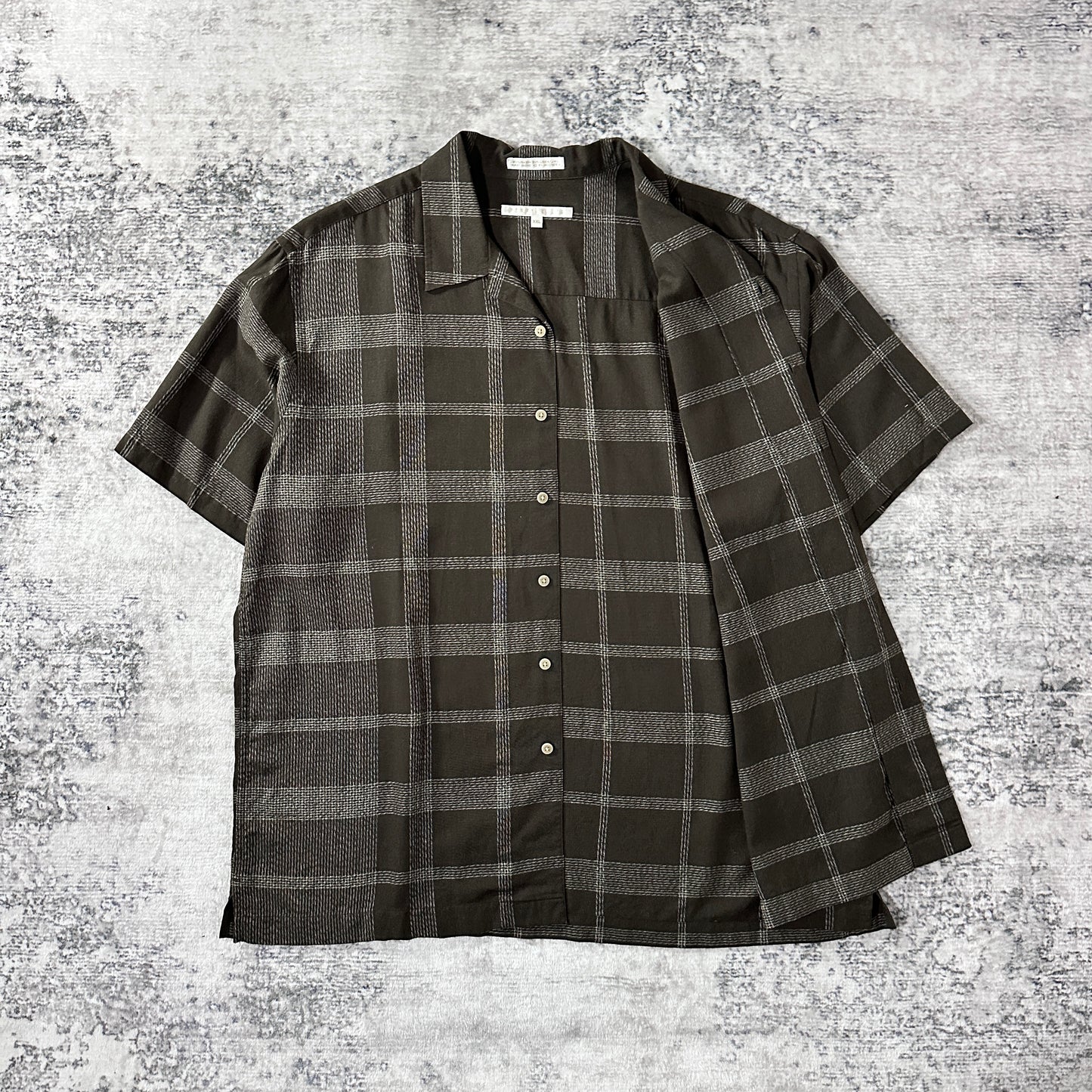 Perry Ellis Linen Rayon Check Open Collar Shirt XXL Brown Black