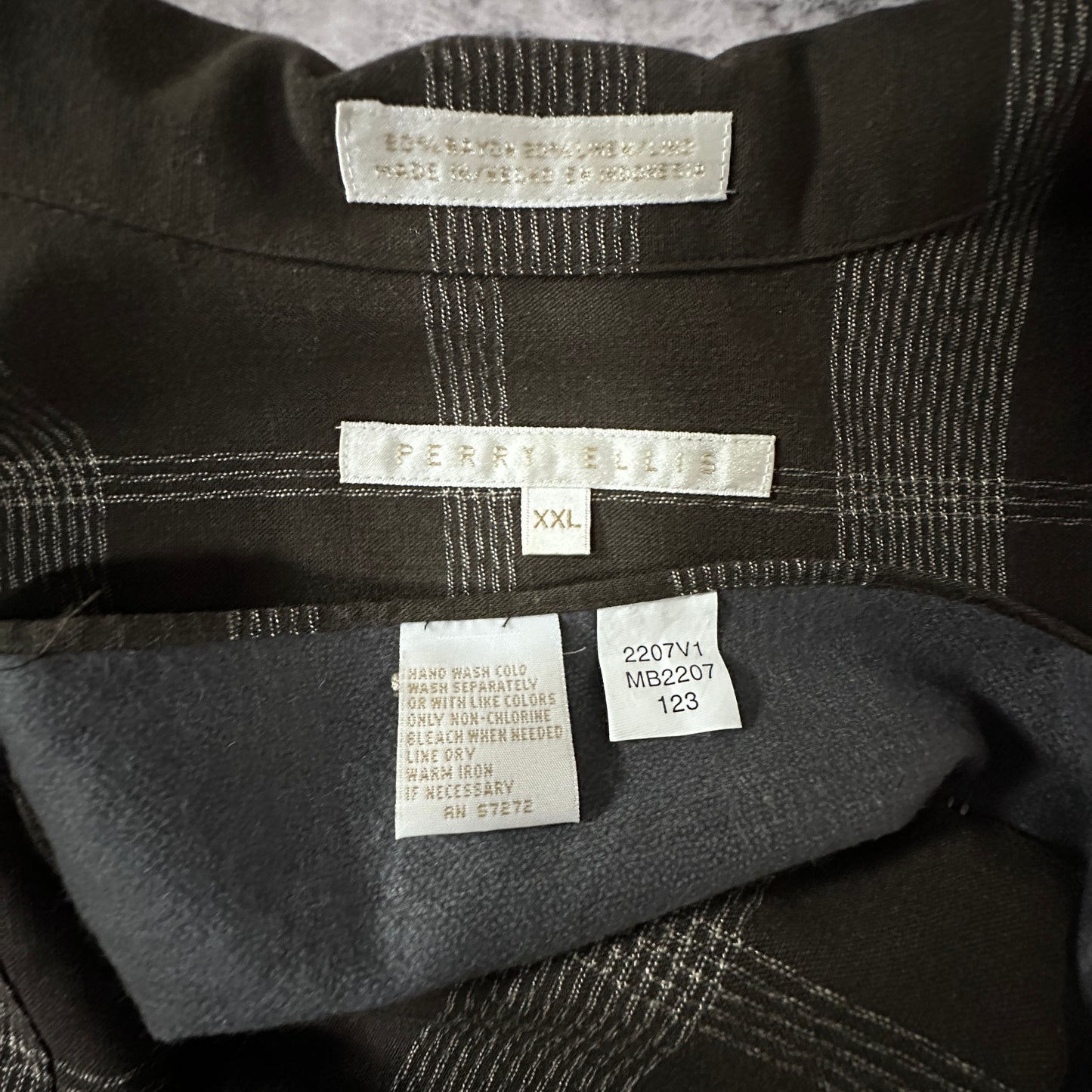 Perry Ellis Linen Rayon Check Open Collar Shirt XXL Brown Black