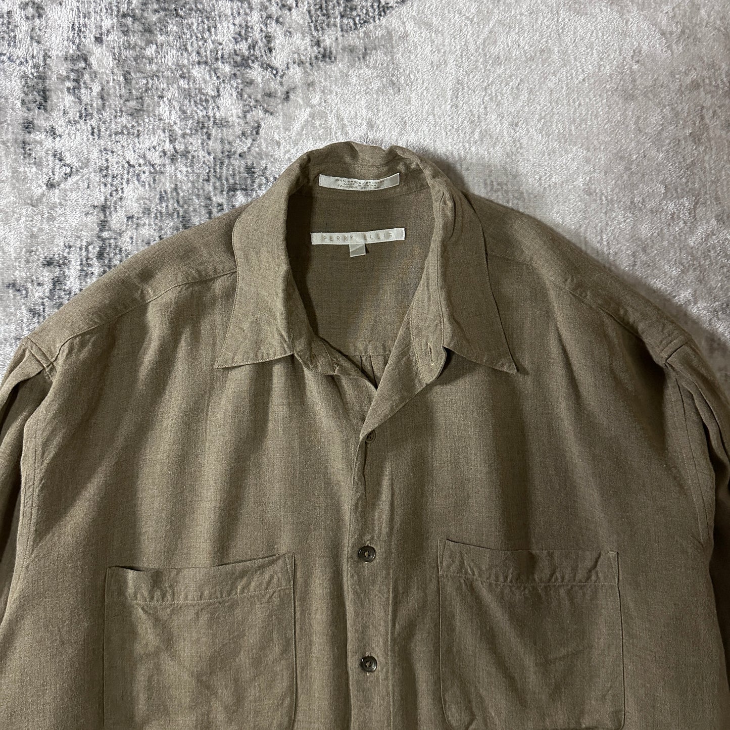 Perry Ellis 100% Rayon Long Sleeve Shirt Large Taupe Brown