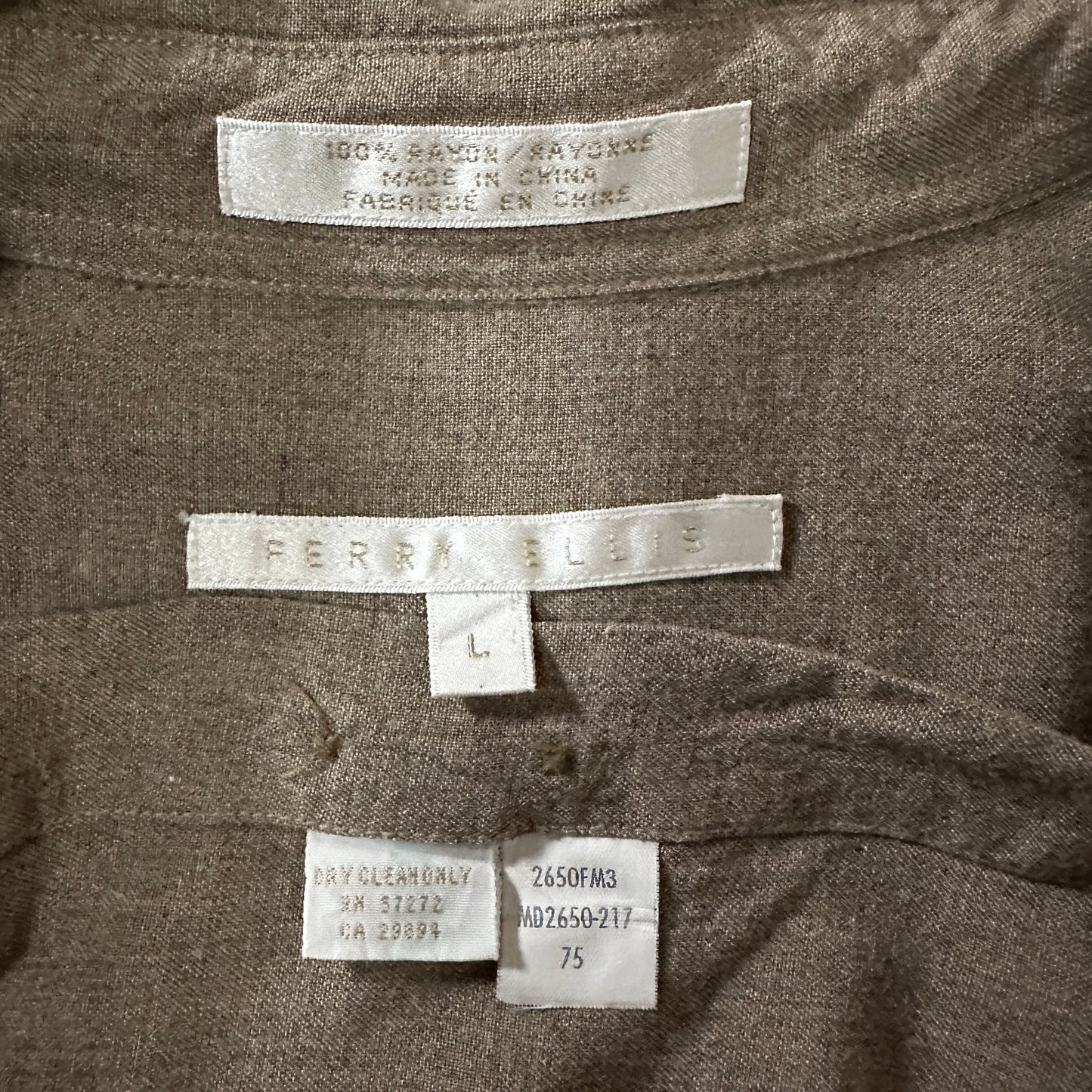Perry Ellis 100% Rayon Long Sleeve Shirt Large Taupe Brown