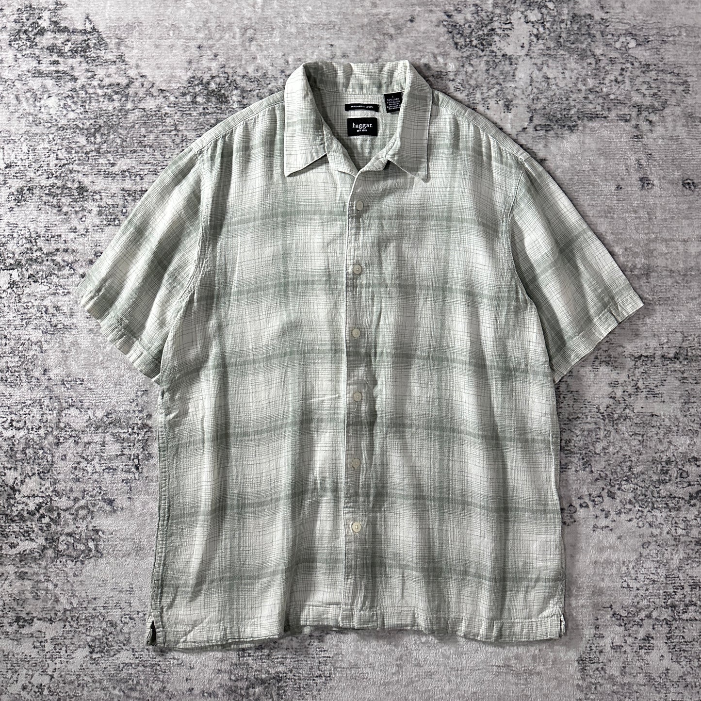 Linen Rayon Linen Plaid Short Sleeve Shirt L