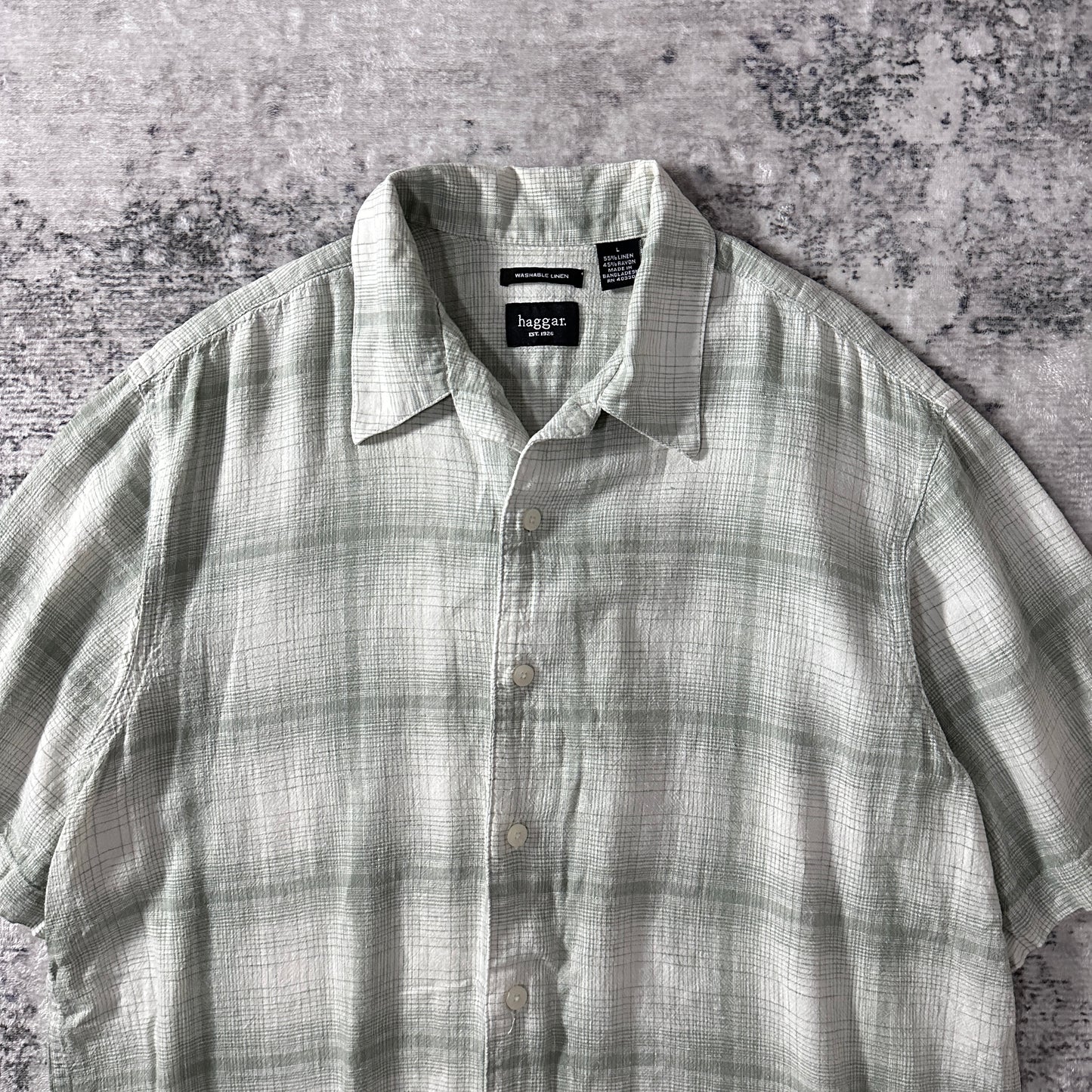 Linen Rayon Linen Plaid Short Sleeve Shirt L