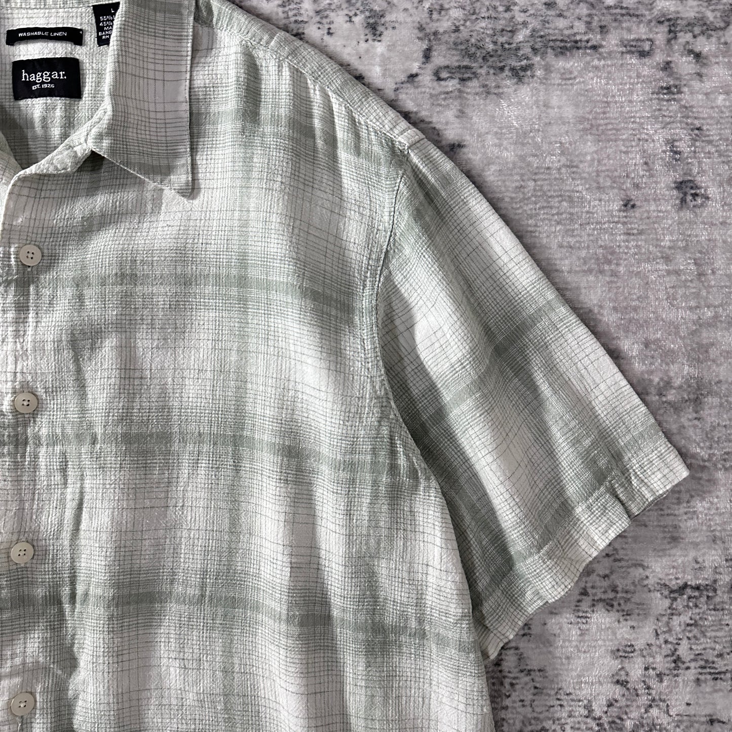 Linen Rayon Linen Plaid Short Sleeve Shirt L