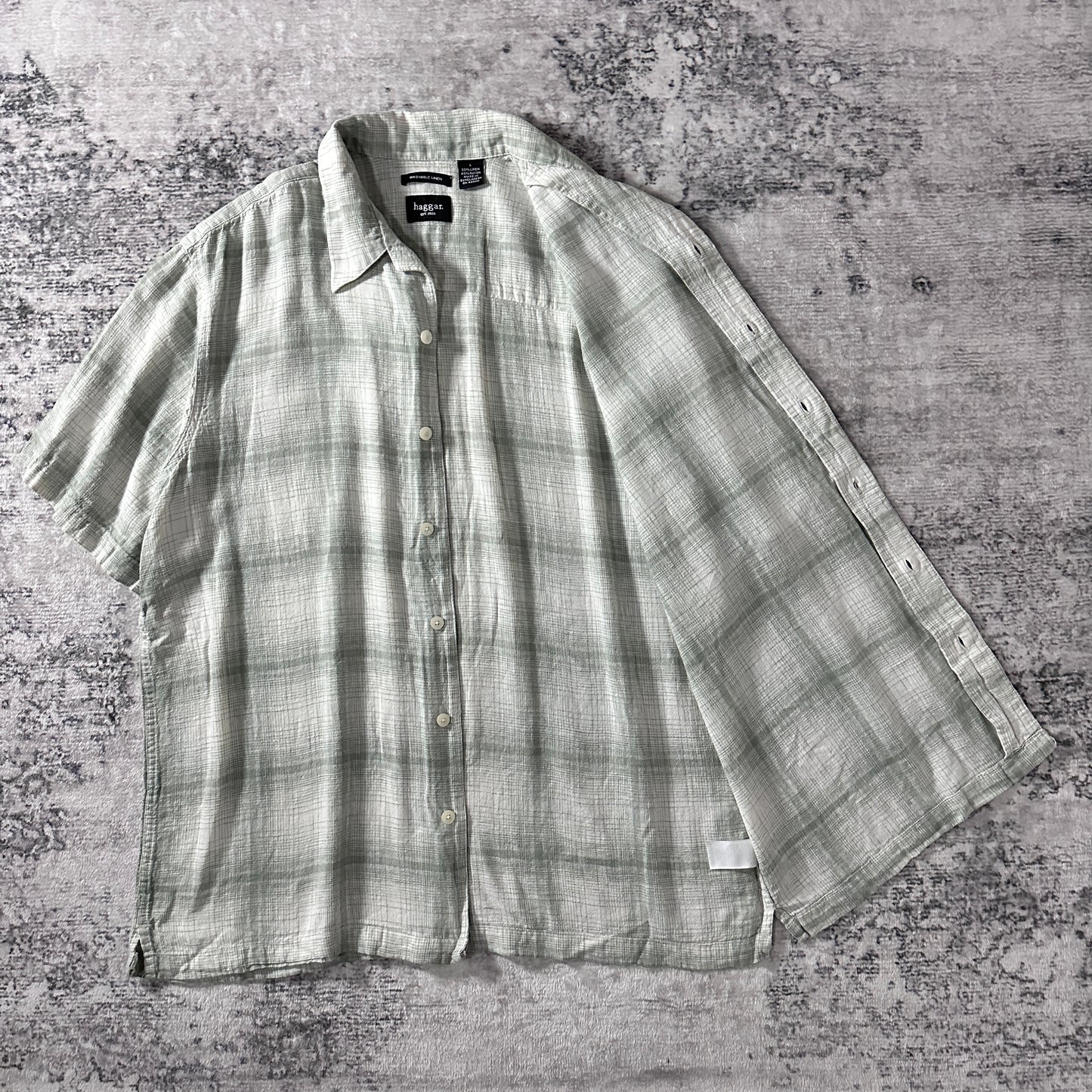 Linen Rayon Linen Plaid Short Sleeve Shirt L