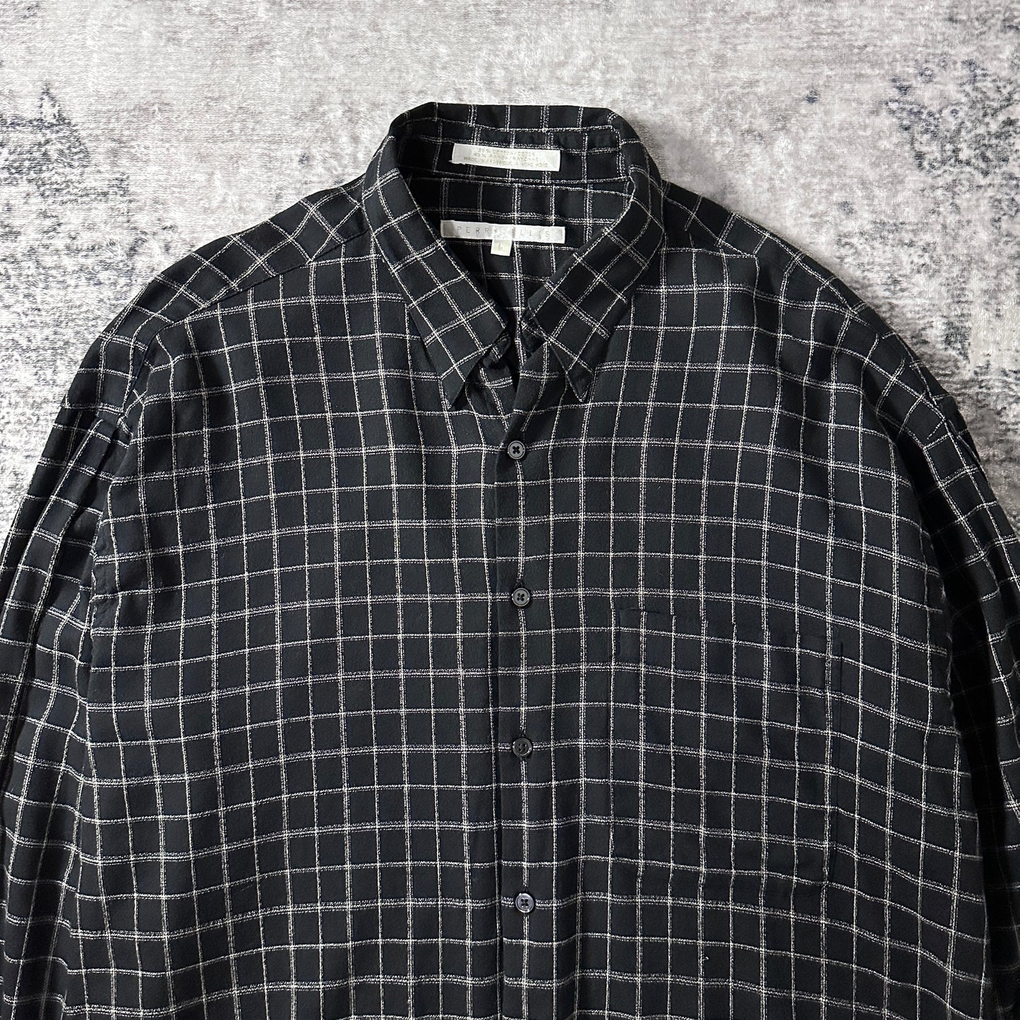 Perry Ellis Cotton　Rayon Black Windowpane Check Long Sleeve Shirt L
