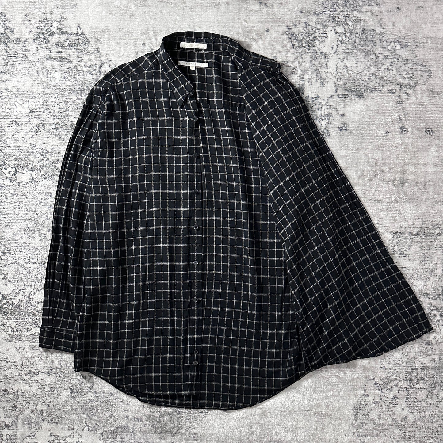 Perry Ellis Cotton　Rayon Black Windowpane Check Long Sleeve Shirt L