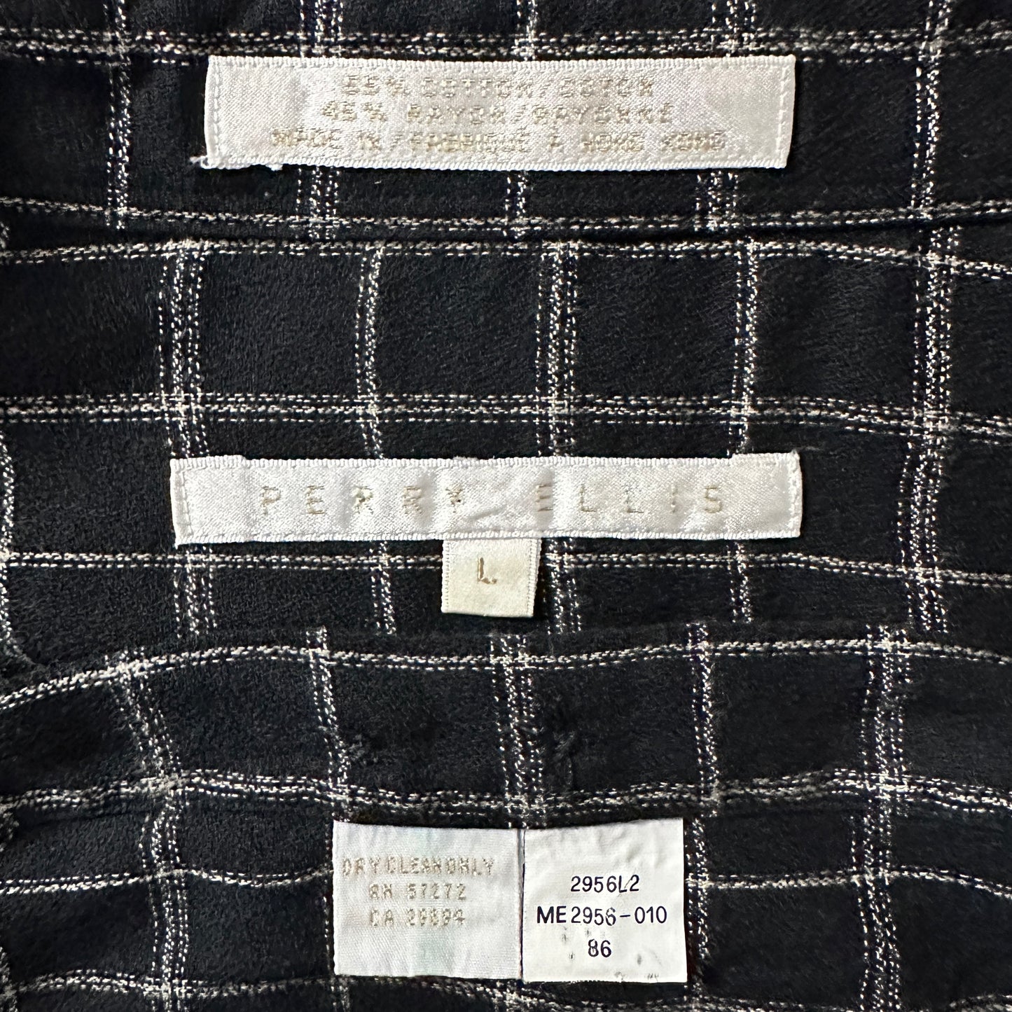 Perry Ellis Cotton　Rayon Black Windowpane Check Long Sleeve Shirt L