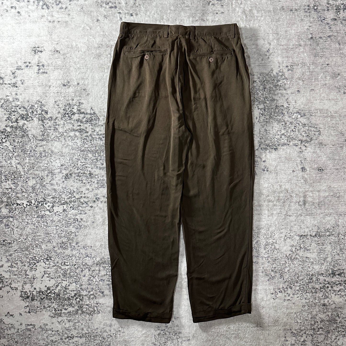 Silk Brown Pleated Relax Trousers 36