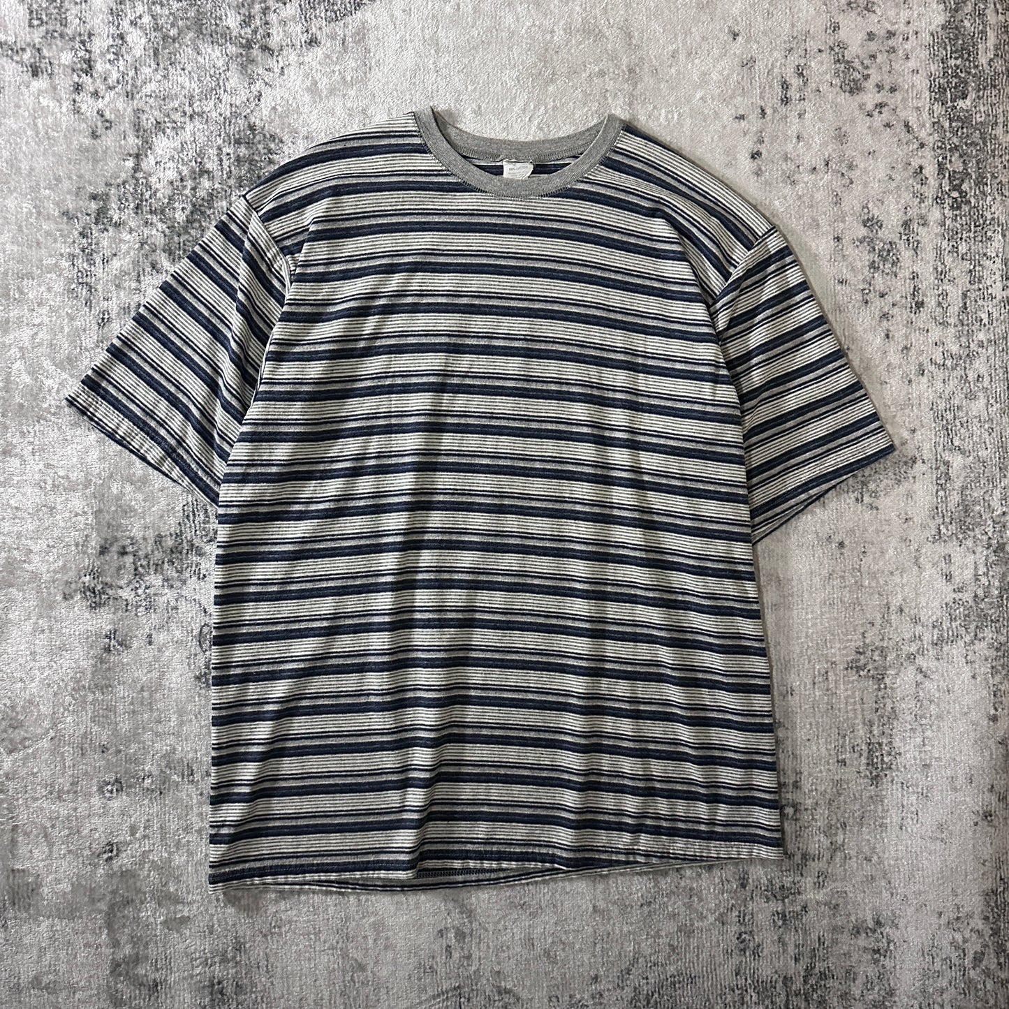 Cotton Navy Gray Multi Stripe T-Shirt Made in USA