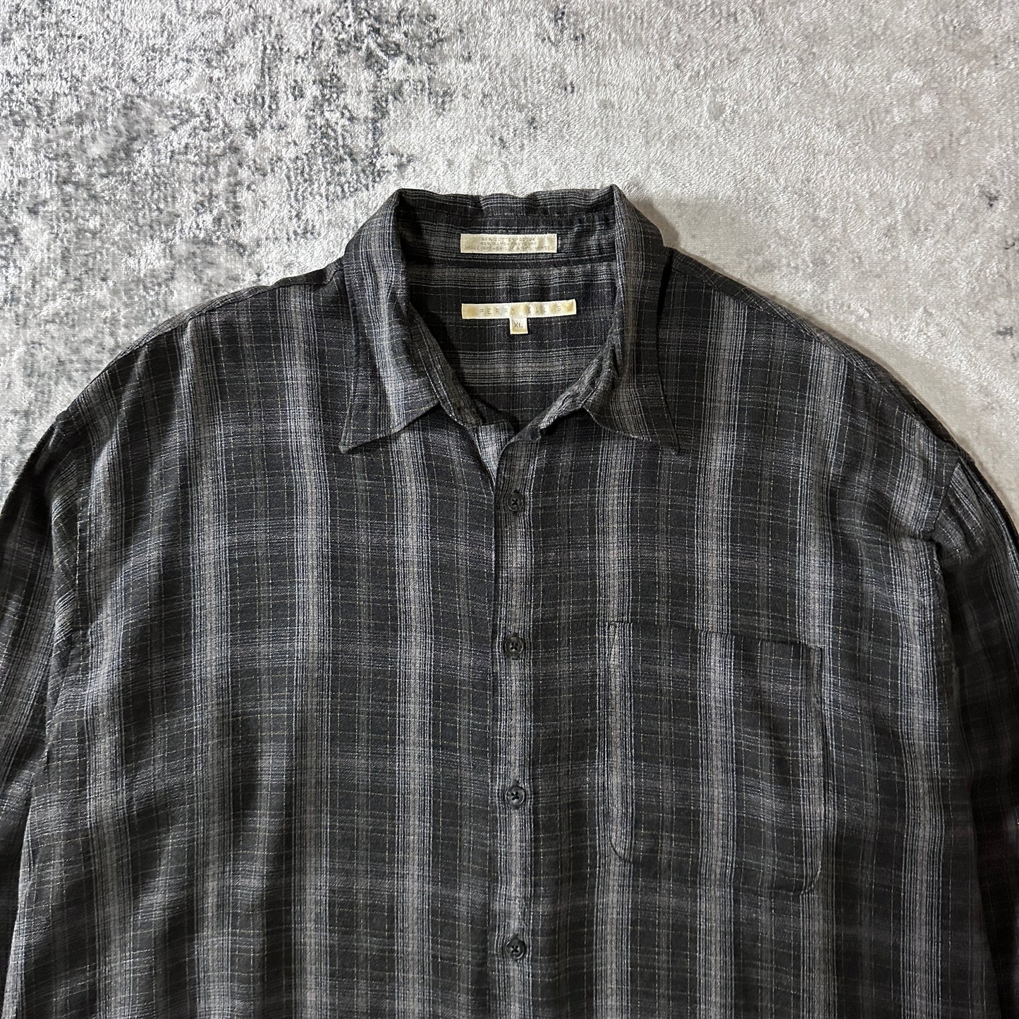 PERRY ELLIS Linen Blend Black Plaid Long Sleeve Shirt XL