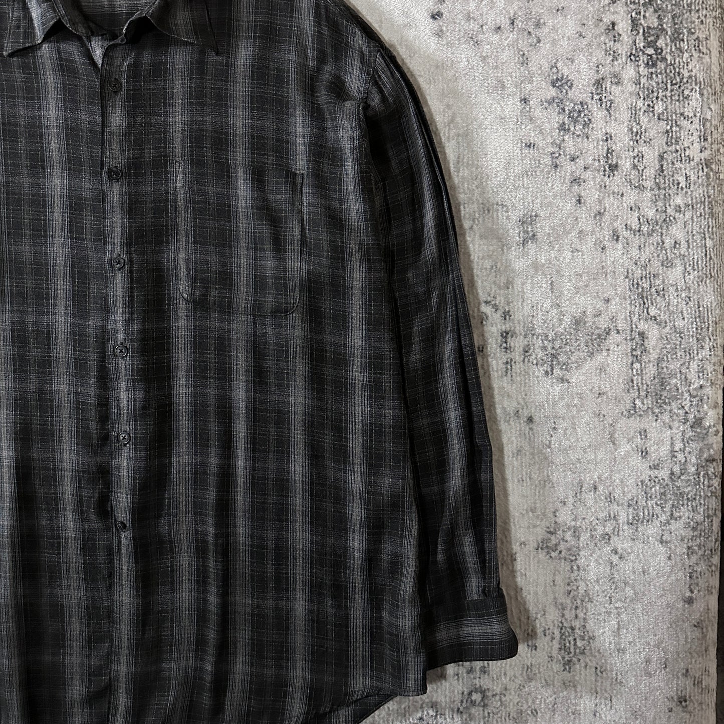 PERRY ELLIS Linen Blend Black Plaid Long Sleeve Shirt XL