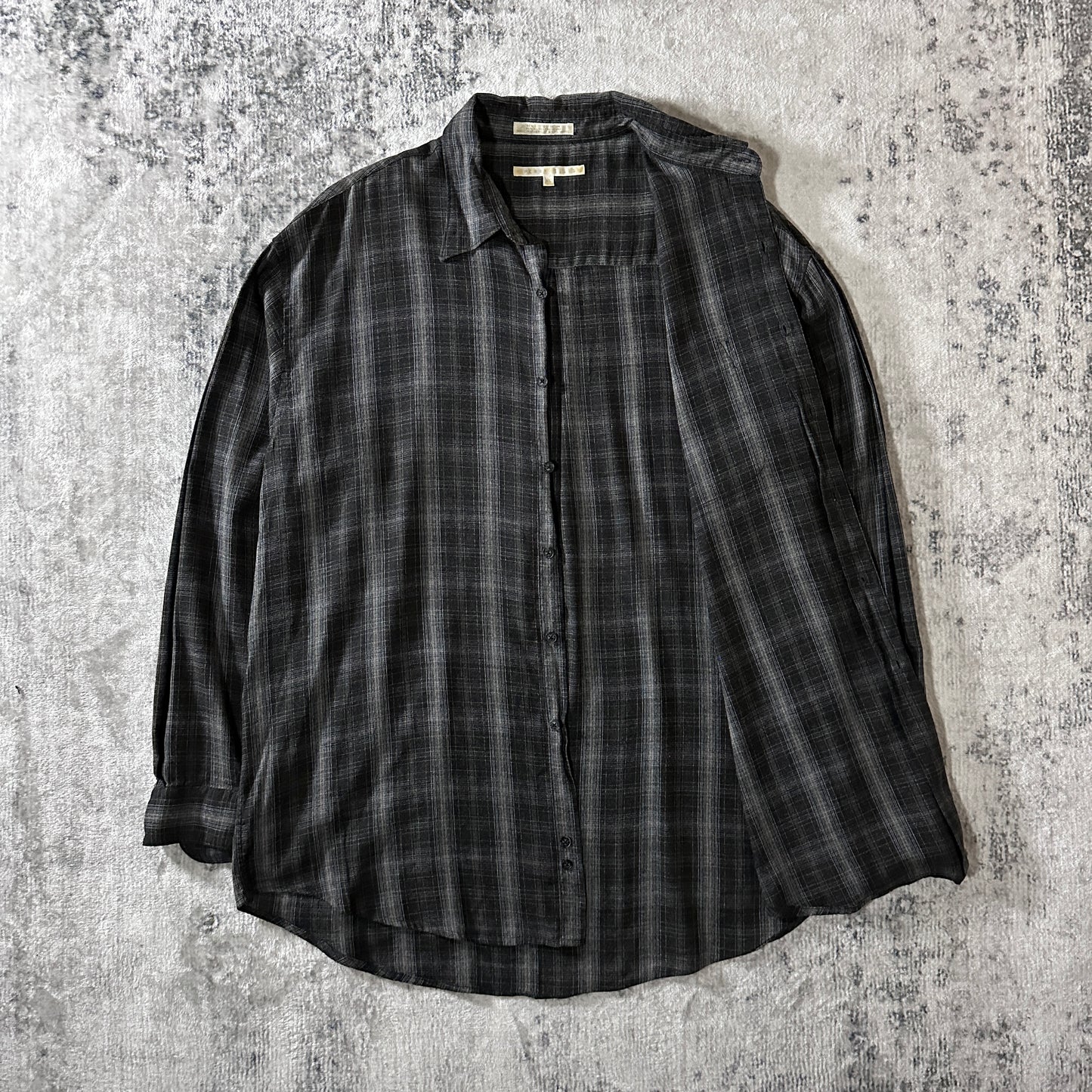 PERRY ELLIS Linen Blend Black Plaid Long Sleeve Shirt XL