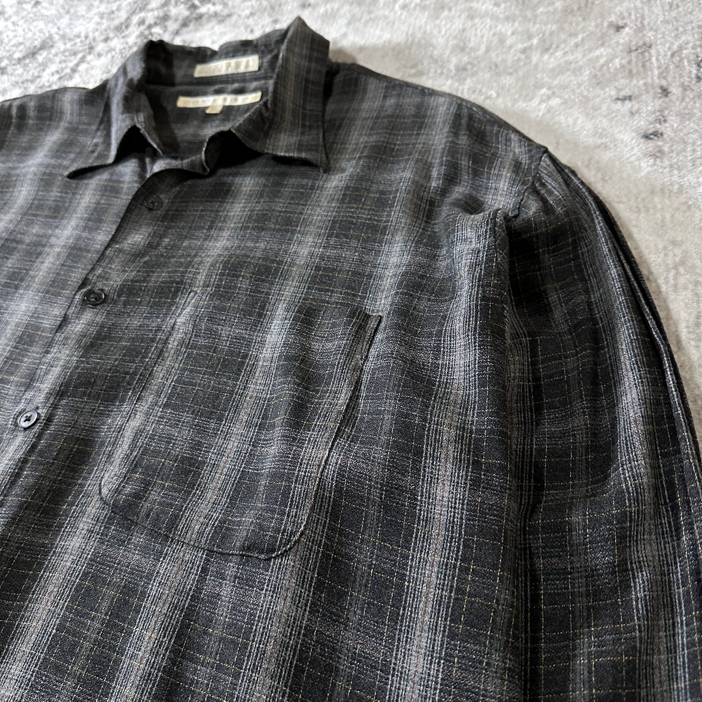 PERRY ELLIS Linen Blend Black Plaid Long Sleeve Shirt XL