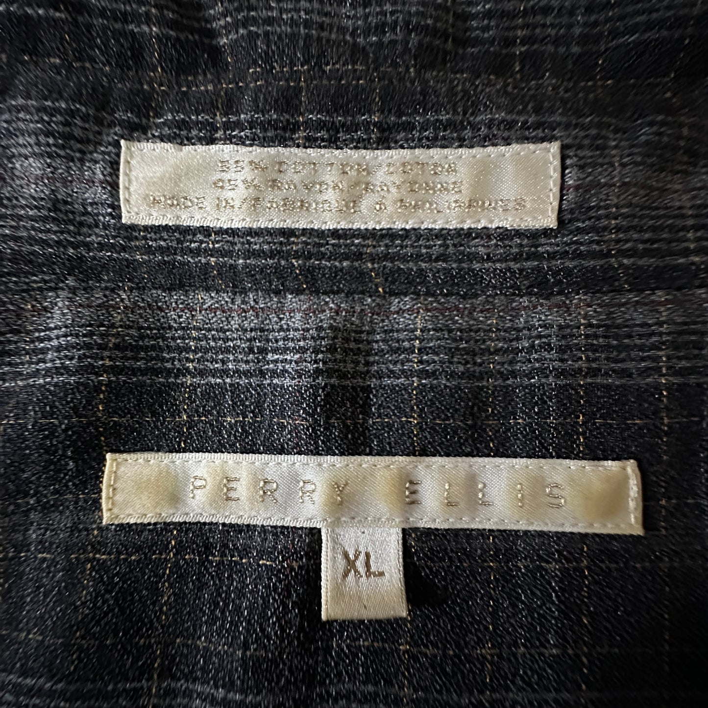 PERRY ELLIS Linen Blend Black Plaid Long Sleeve Shirt XL