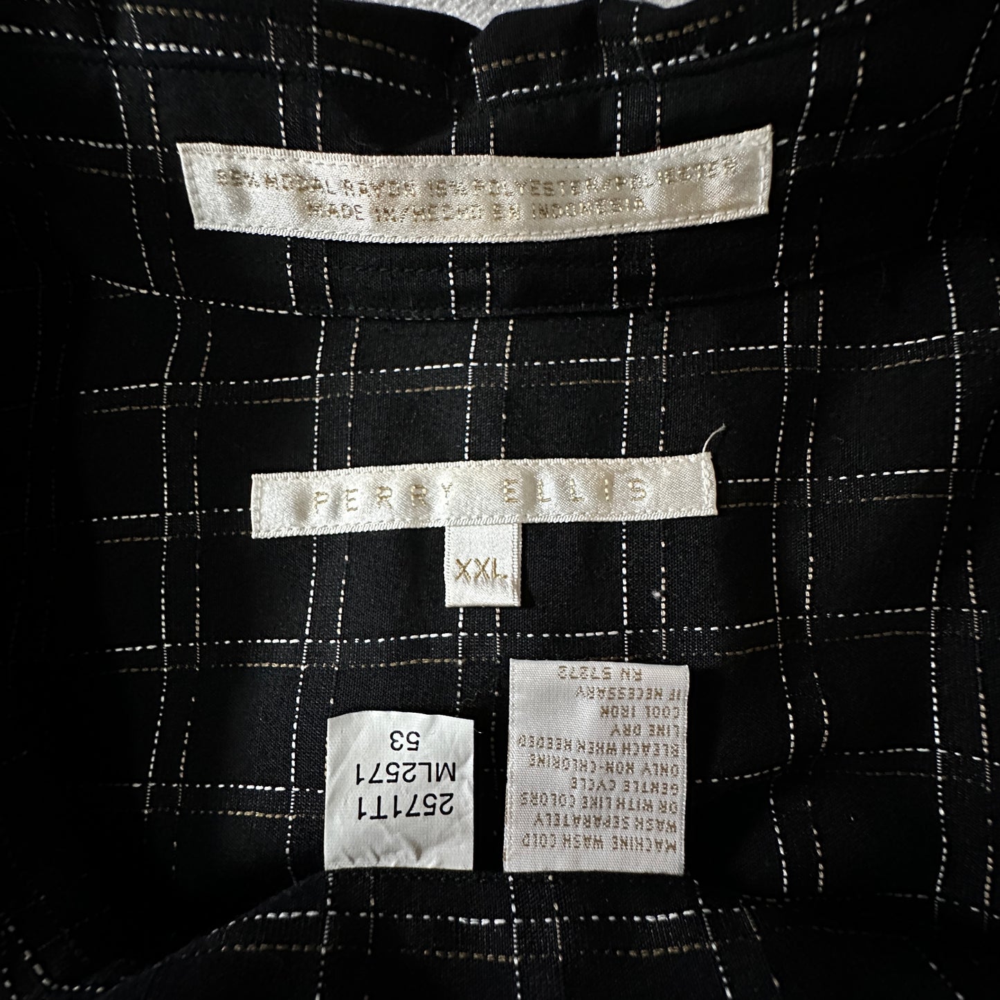 PERRY ELLIS Rayon Polyester Windowpane Check Shirt XXL Black