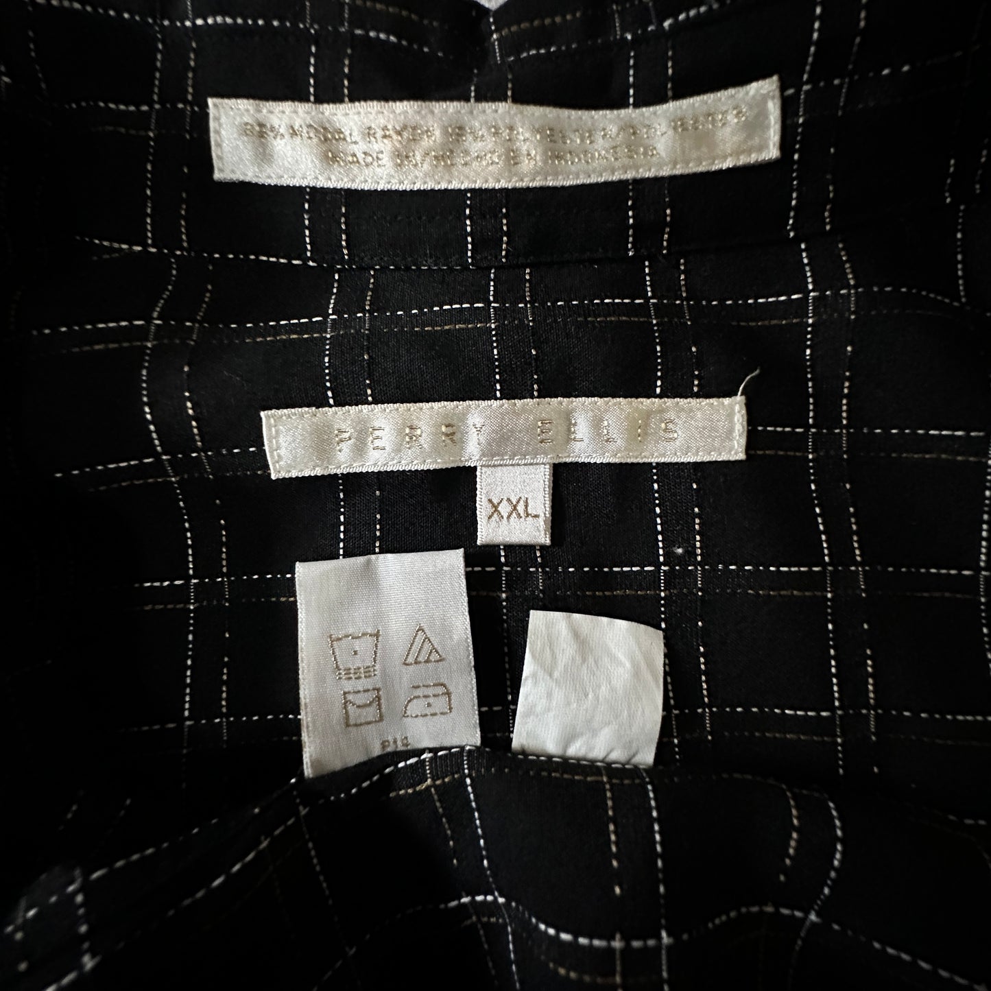 PERRY ELLIS Rayon Polyester Windowpane Check Shirt XXL Black