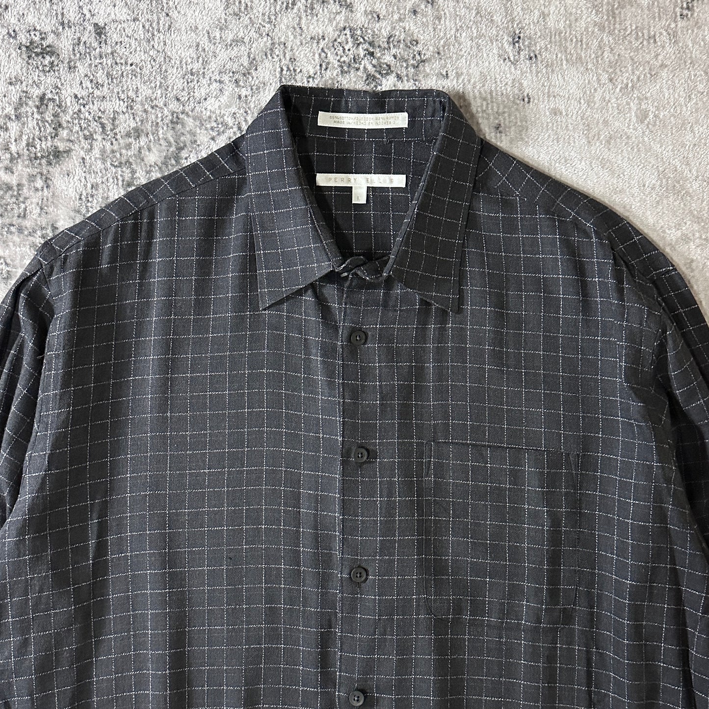 Perry Ellis Rayon Cotton Windowpane Check Shirt L Charcoal