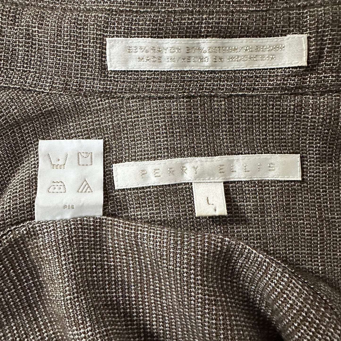 Perry Ellis Cotton Rayon Check Shirt L Olive Brown