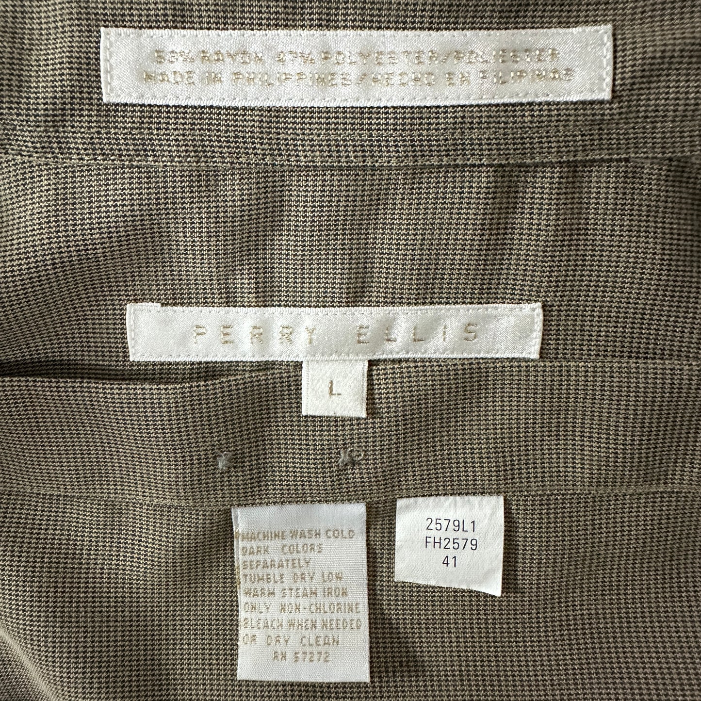 Perry Ellis Cotton Rayon Check Shirt L Olive Brown
