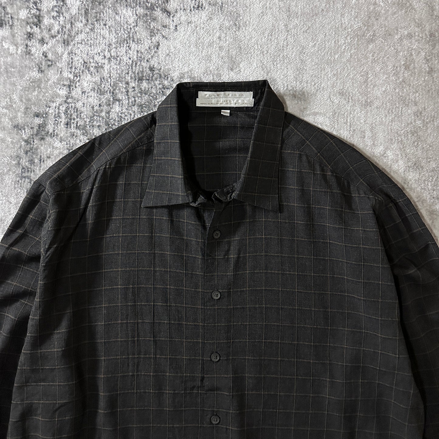 PERRY ELLIS  Rayon Black Windowpane Shirt XL