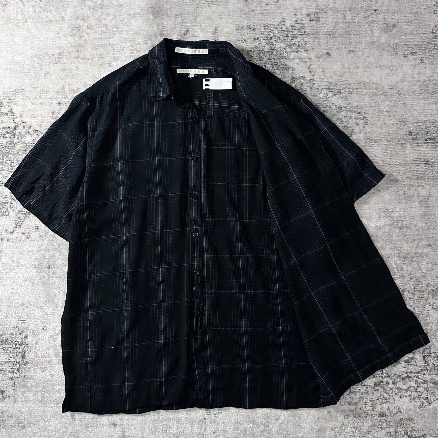 PERRY ELLIS Rayon Blend Black Plaid Short Sleeve Shirt L