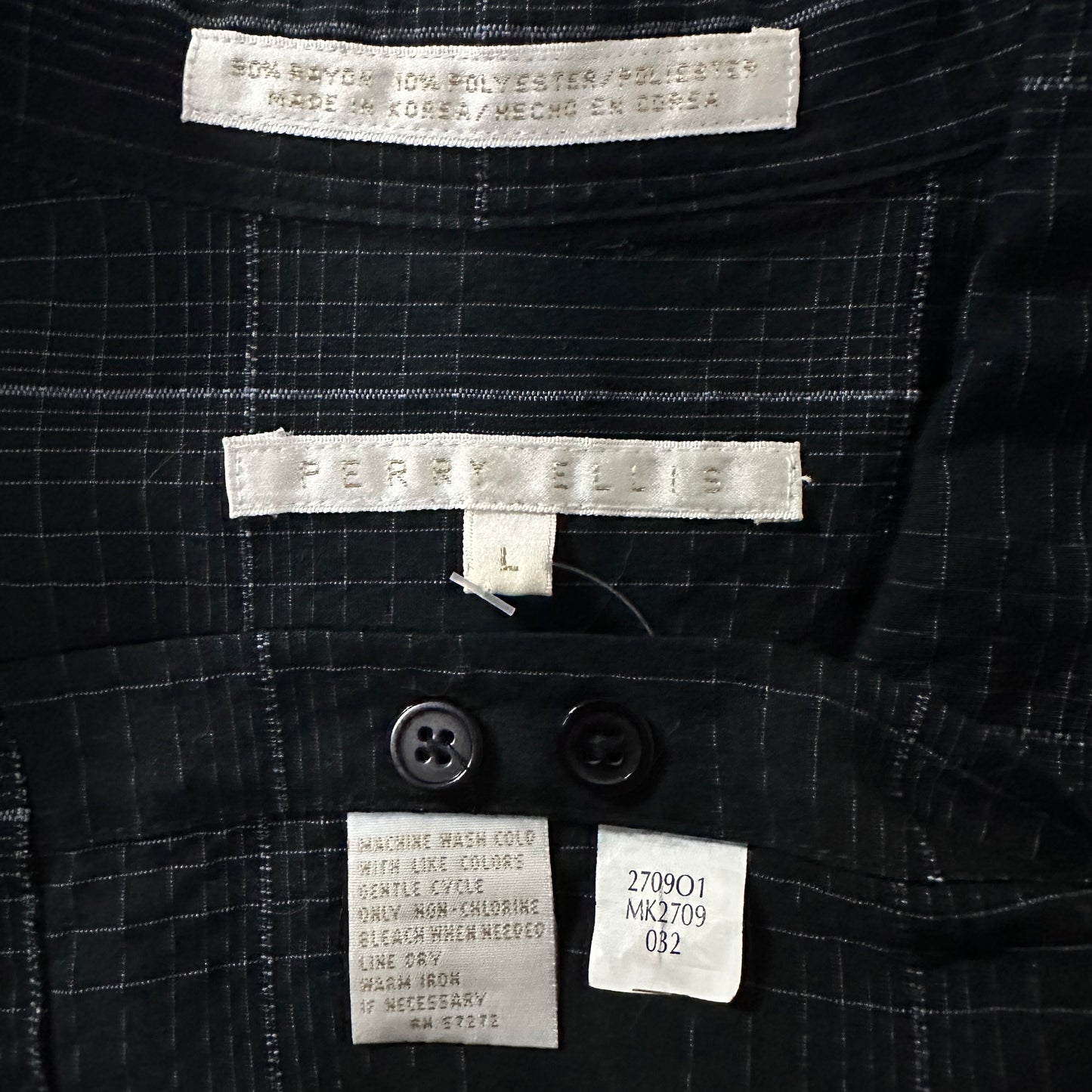 PERRY ELLIS Rayon Blend Black Plaid Short Sleeve Shirt L