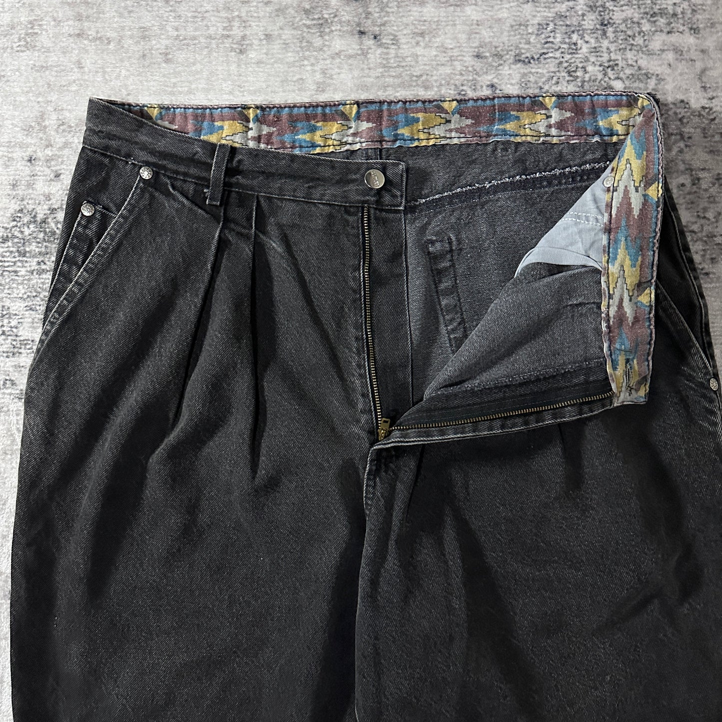 Faded Black Pleated Denim Pants 38M Made in USA