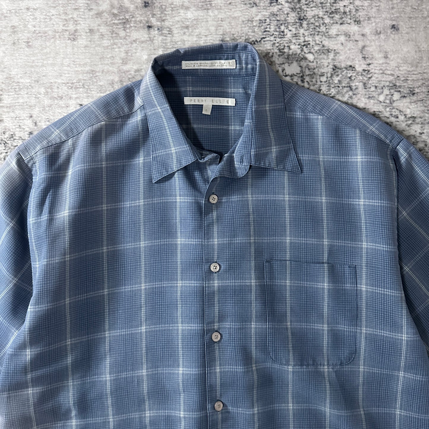 PERRY ELLIS Rayon Blend Blue Plaid Short Sleeve Shirt L