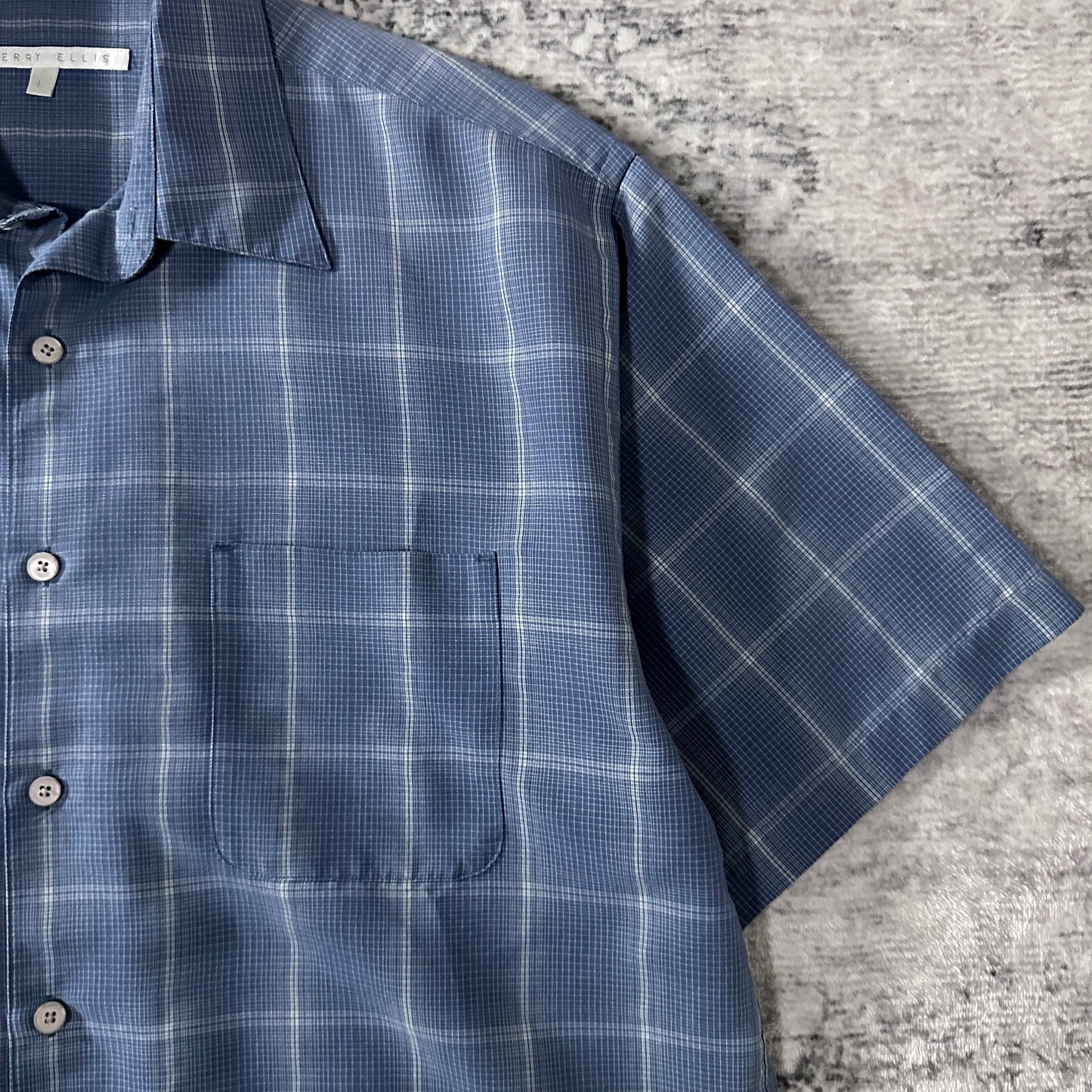 PERRY ELLIS Rayon Blend Blue Plaid Short Sleeve Shirt L