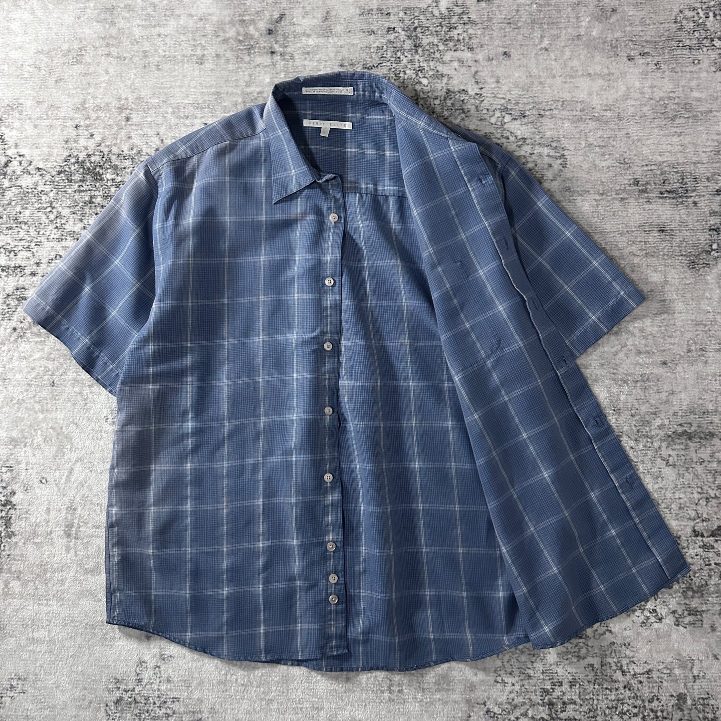 PERRY ELLIS Rayon Blend Blue Plaid Short Sleeve Shirt L