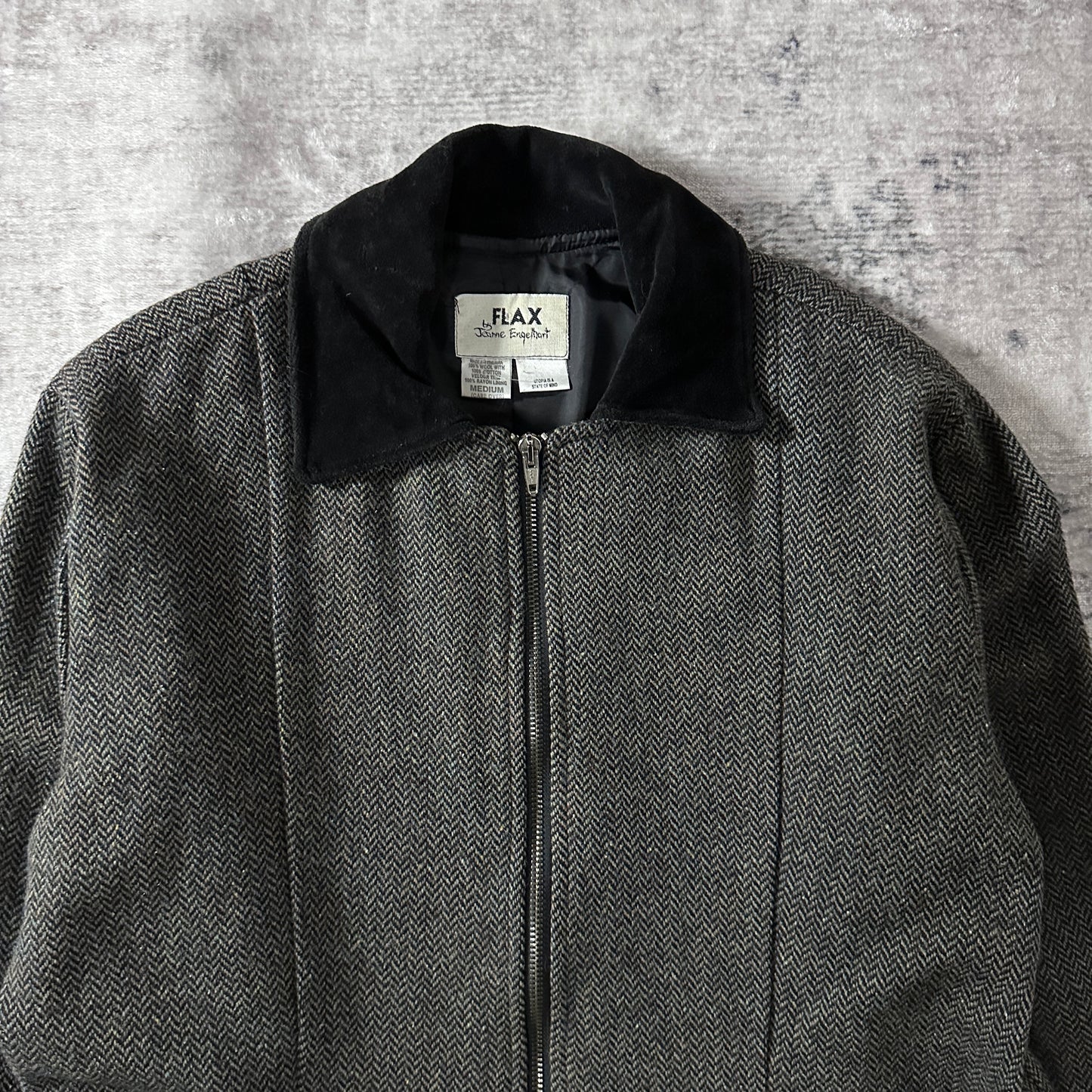 FLAX  Gray Herringbone Wool Zip Jacket Size M