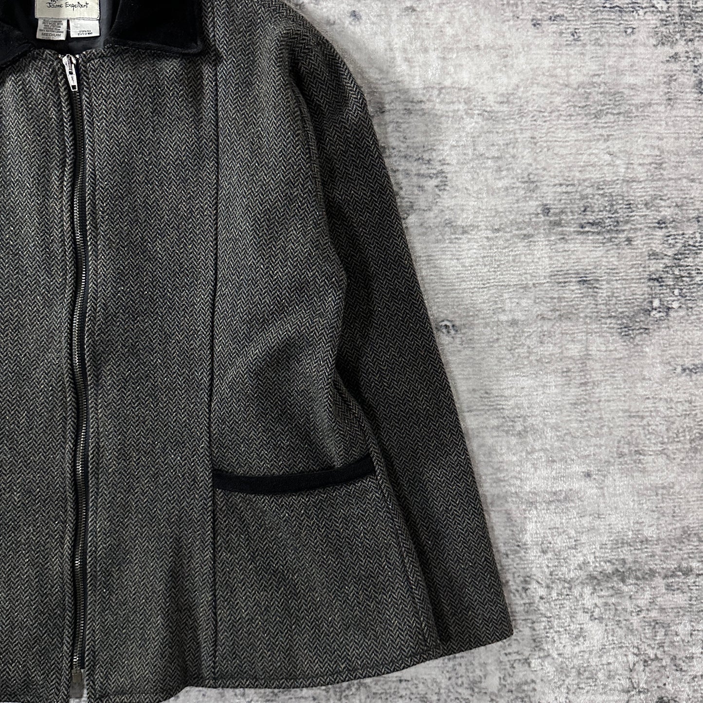 FLAX  Gray Herringbone Wool Zip Jacket Size M