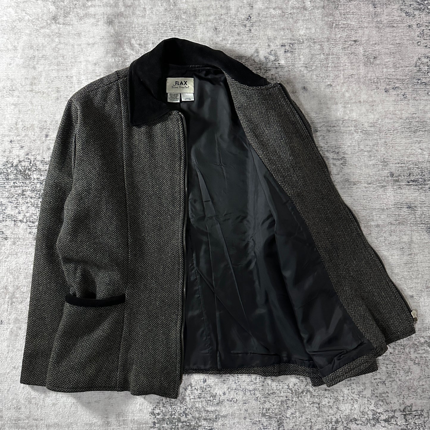 FLAX  Gray Herringbone Wool Zip Jacket Size M