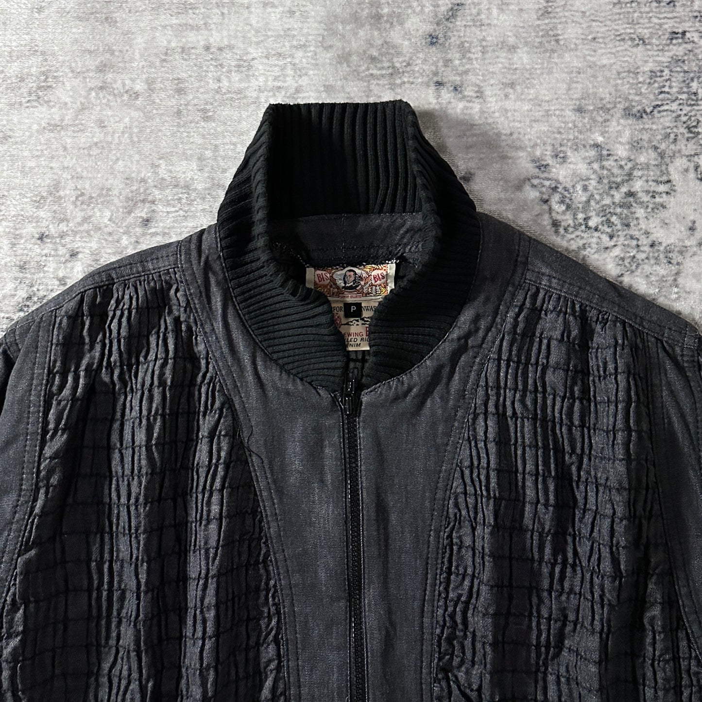 BIS by Gene Ewing Black Cotton Wrinkled Rich Denim Bomber Jacket Size P