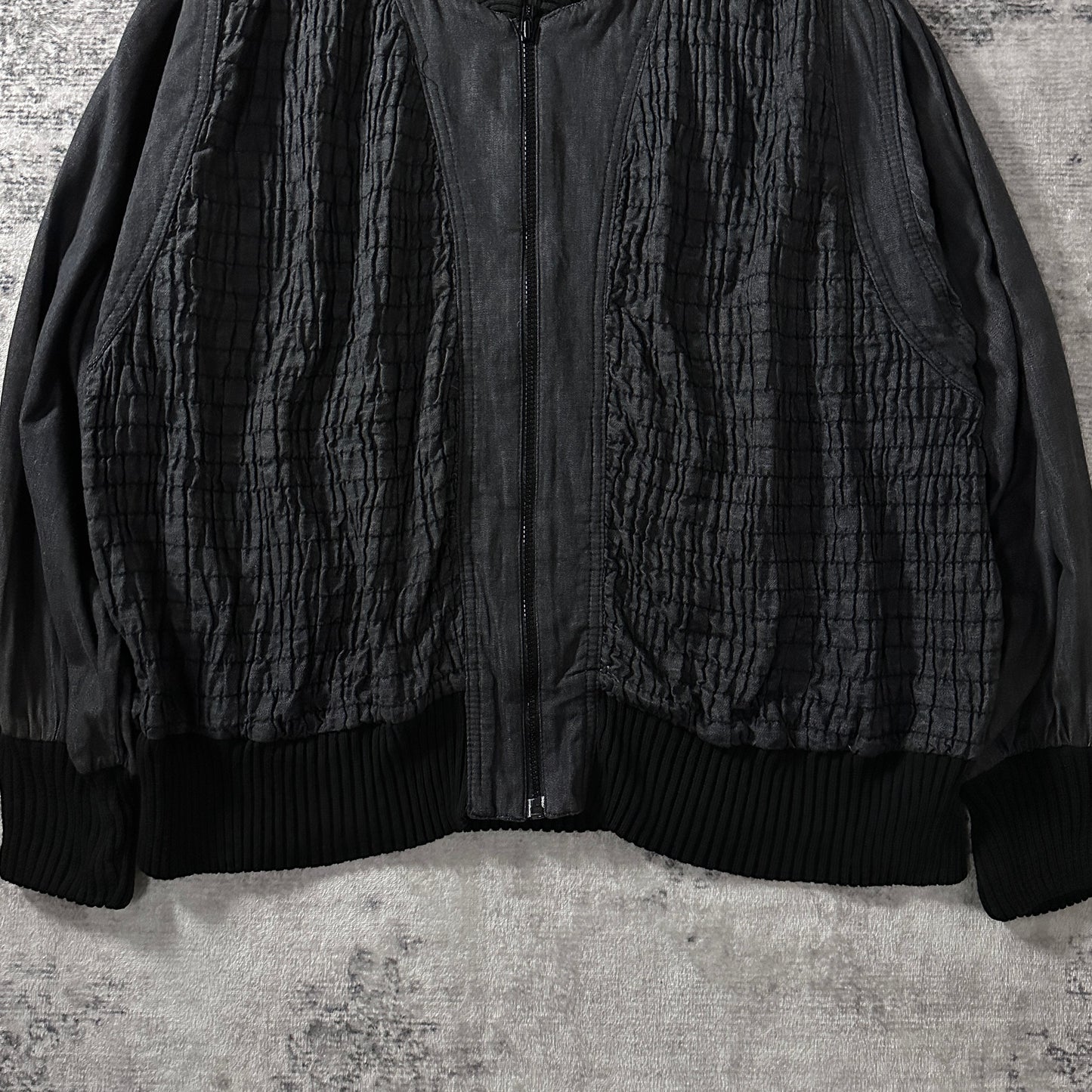 BIS by Gene Ewing Black Cotton Wrinkled Rich Denim Bomber Jacket Size P