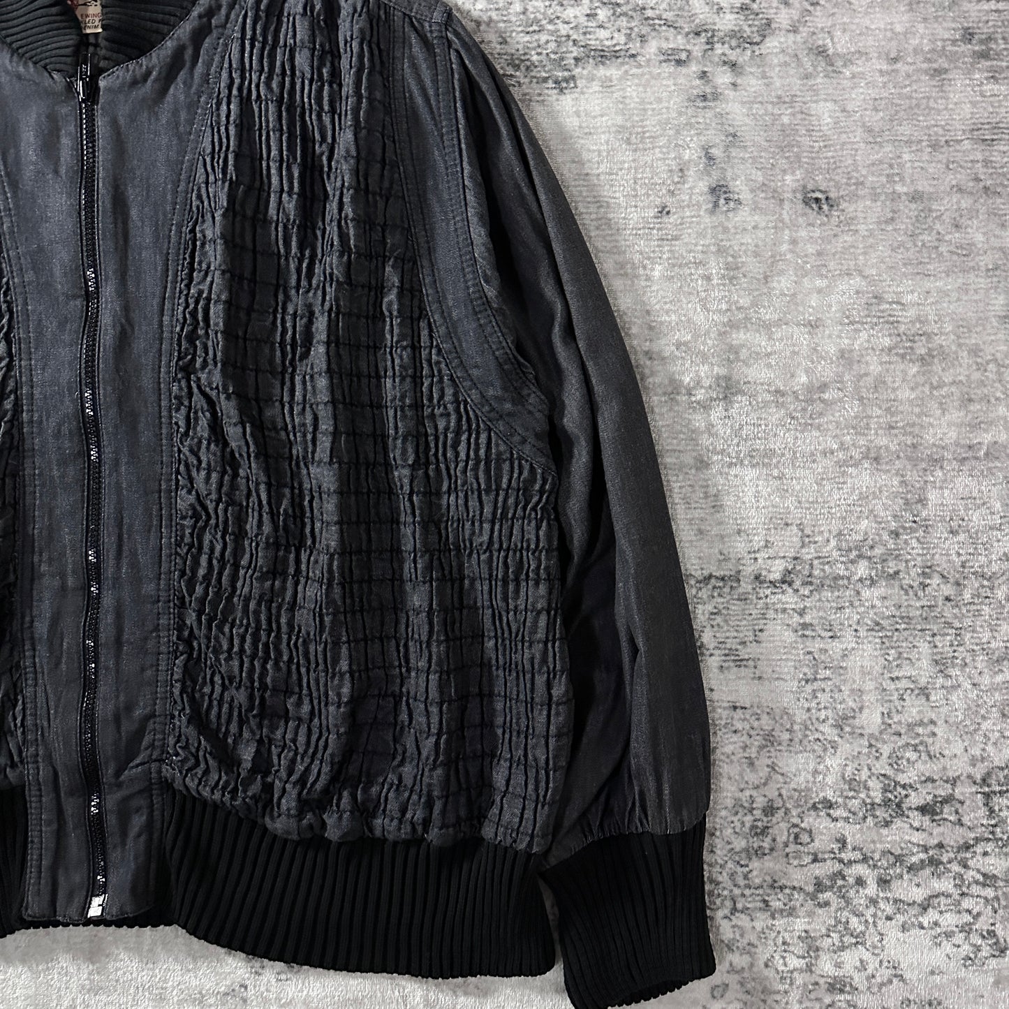 BIS by Gene Ewing Black Cotton Wrinkled Rich Denim Bomber Jacket Size P