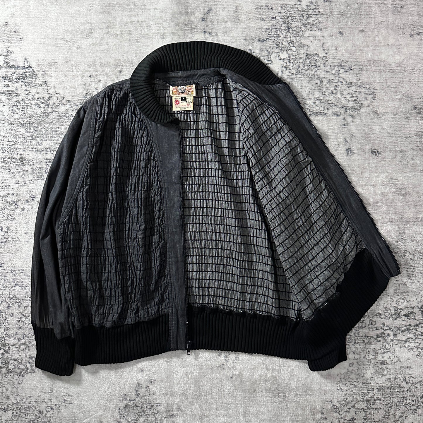 BIS by Gene Ewing Black Cotton Wrinkled Rich Denim Bomber Jacket Size P