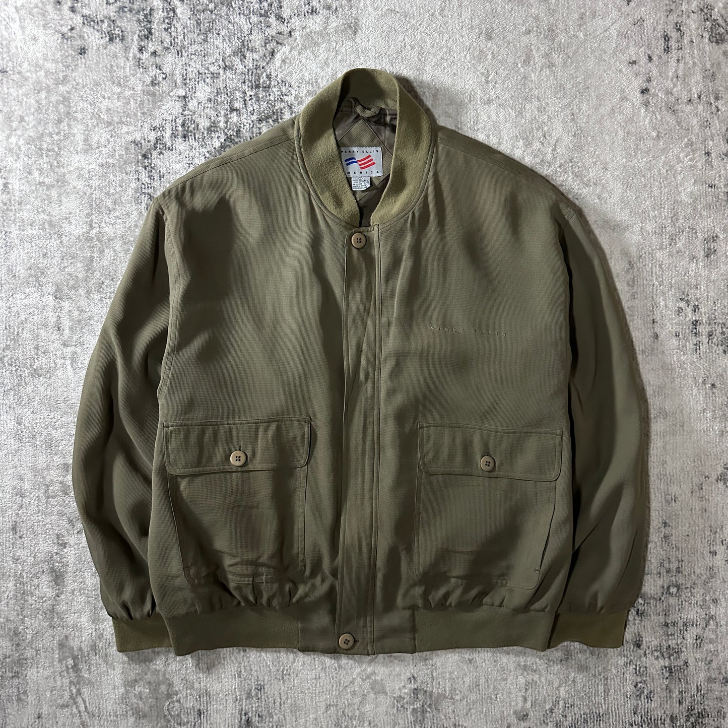Perry Ellis America Olive 100% Silk Bomber Jacket Size L