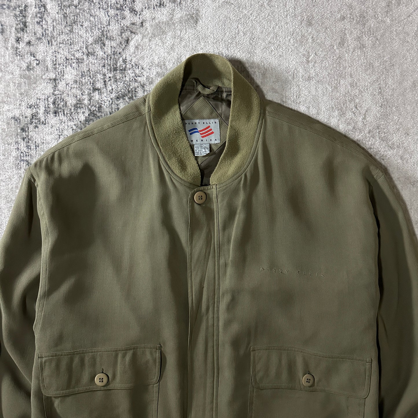 Perry Ellis America Olive 100% Silk Bomber Jacket Size L